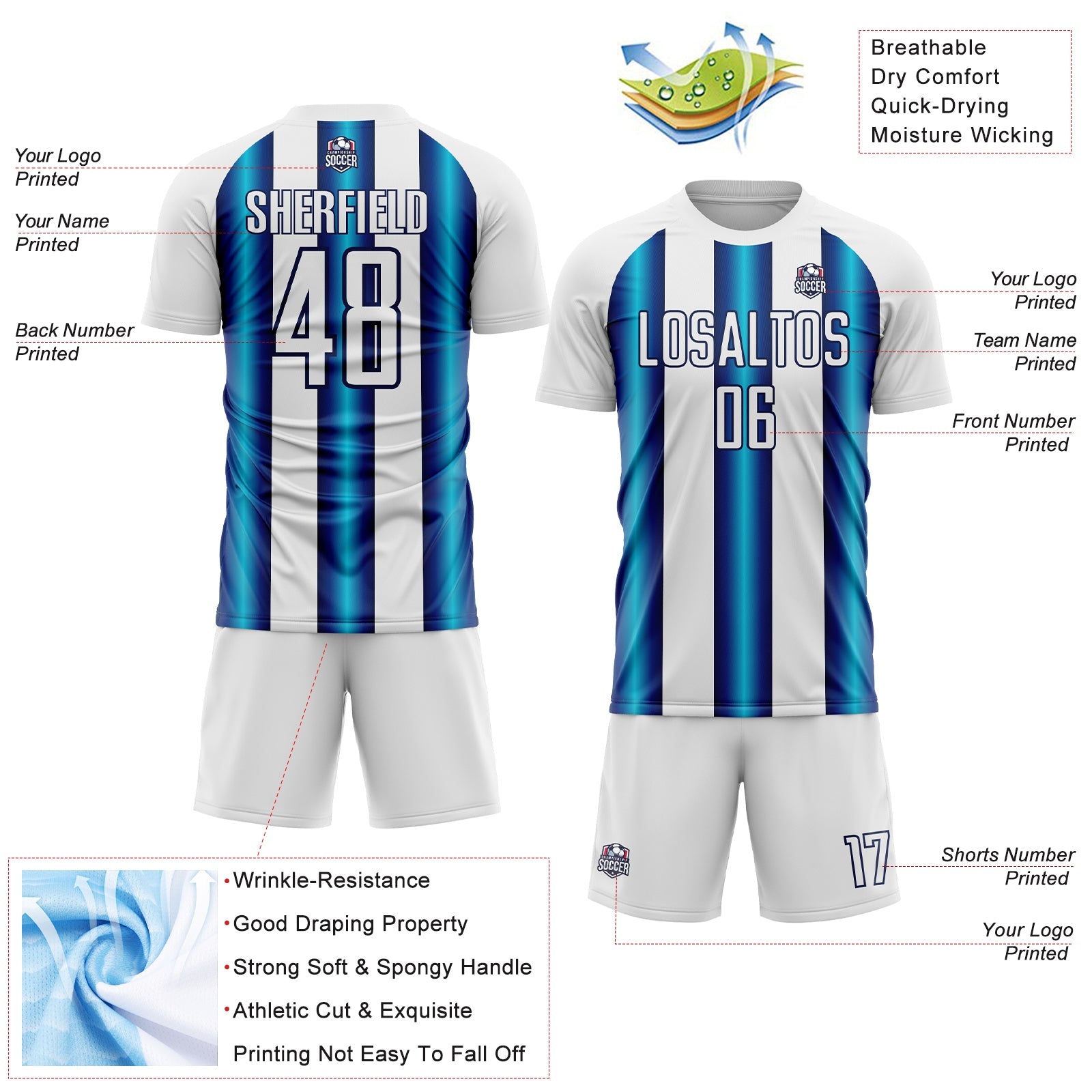 Custom White Blue-Navy Stripes Sports Sublimation Soccer Uniform Jersey