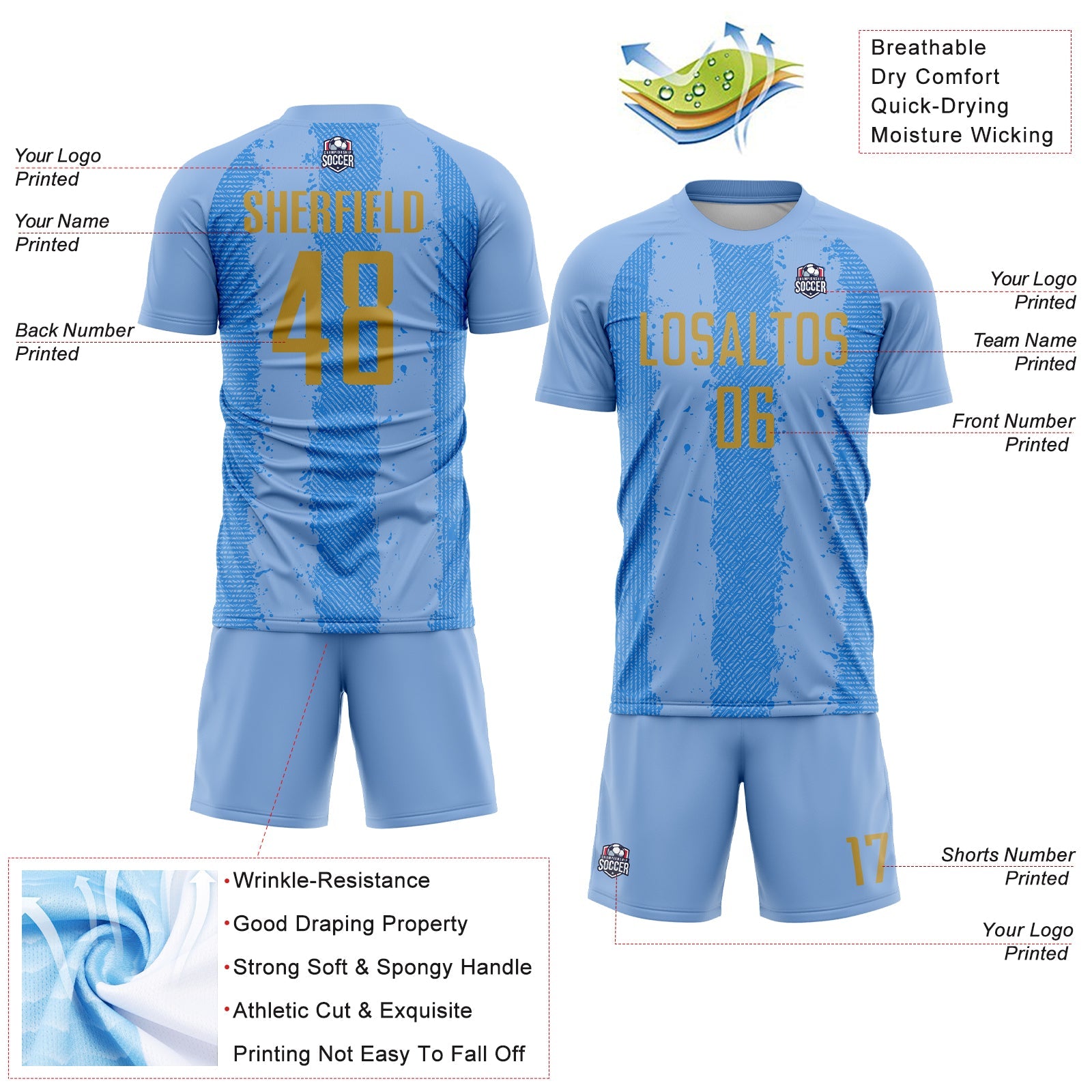 Custom Light Blue Old Gold-Powder Blue Argentina Stripes Sports Sublimation Soccer Uniform Jersey