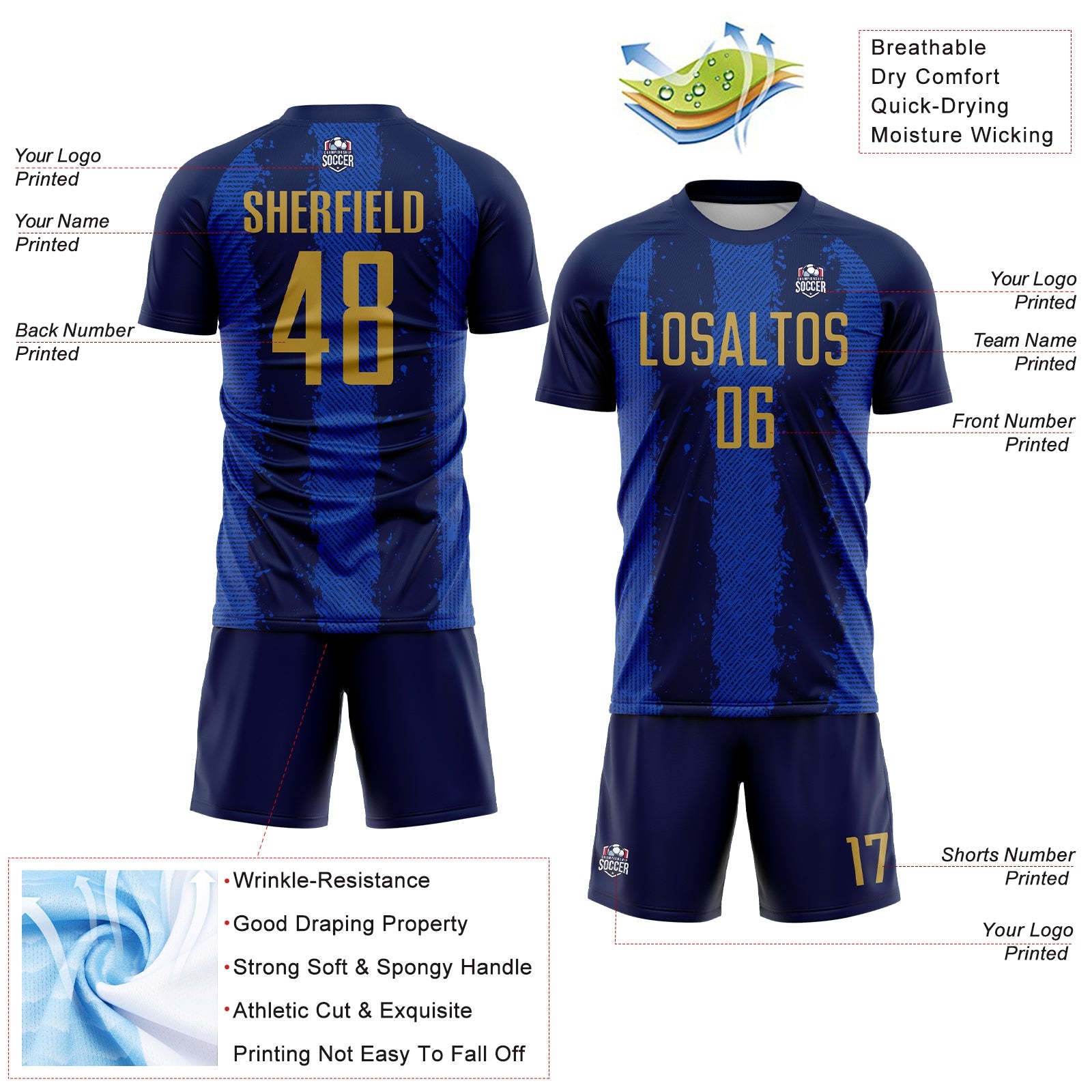 Custom Navy Old Gold-Thunder Blue Stripes Sports Sublimation Soccer Uniform Jersey