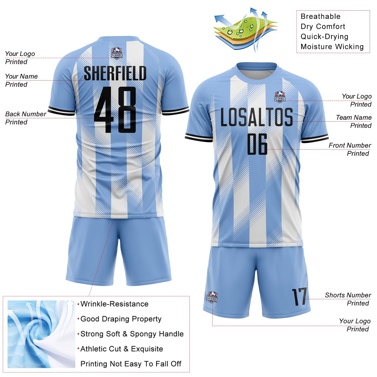 Custom Light Blue Black-White Argentina Stripes Sports Sublimation Soccer Uniform Jersey