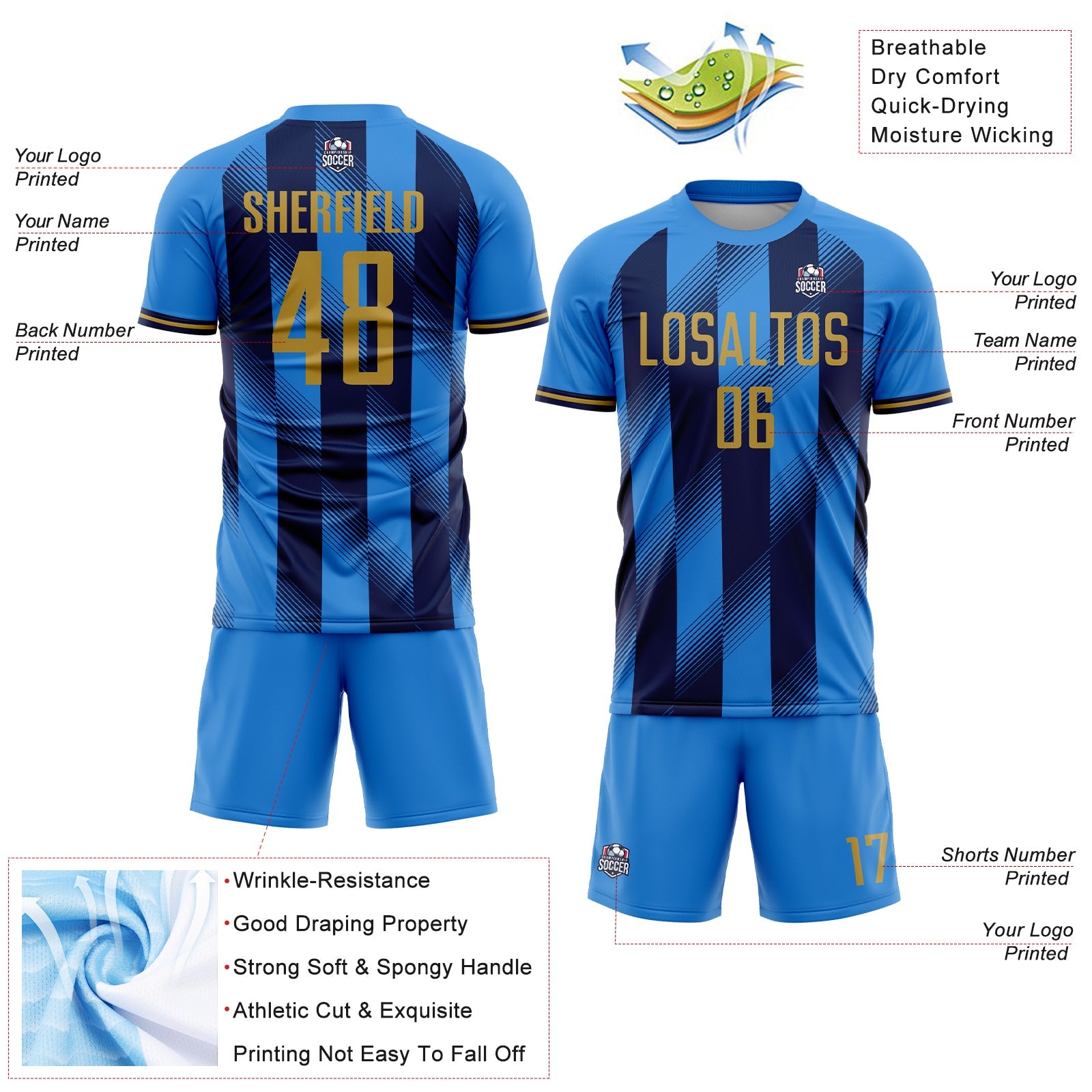 Custom Powder Blue Old Gold-Navy Stripes Sports Sublimation Soccer Uniform Jersey