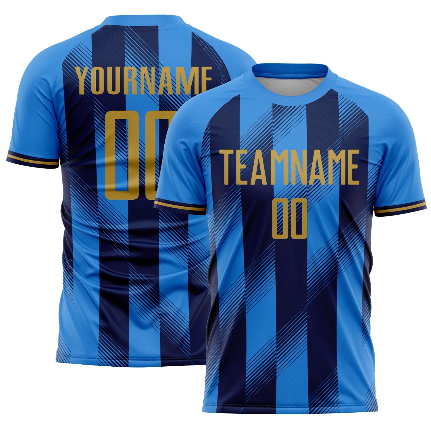 Custom Powder Blue Old Gold-Navy Stripes Sports Sublimation Soccer Uniform Jersey