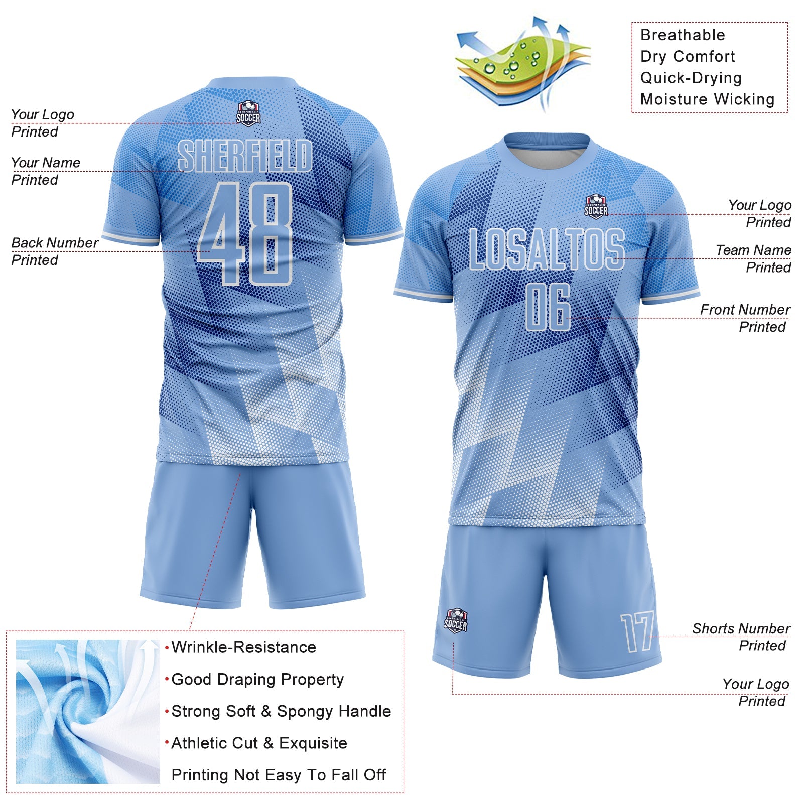 Custom Light Blue Royal-White Argentina Round Sports Sublimation Soccer Uniform Jersey