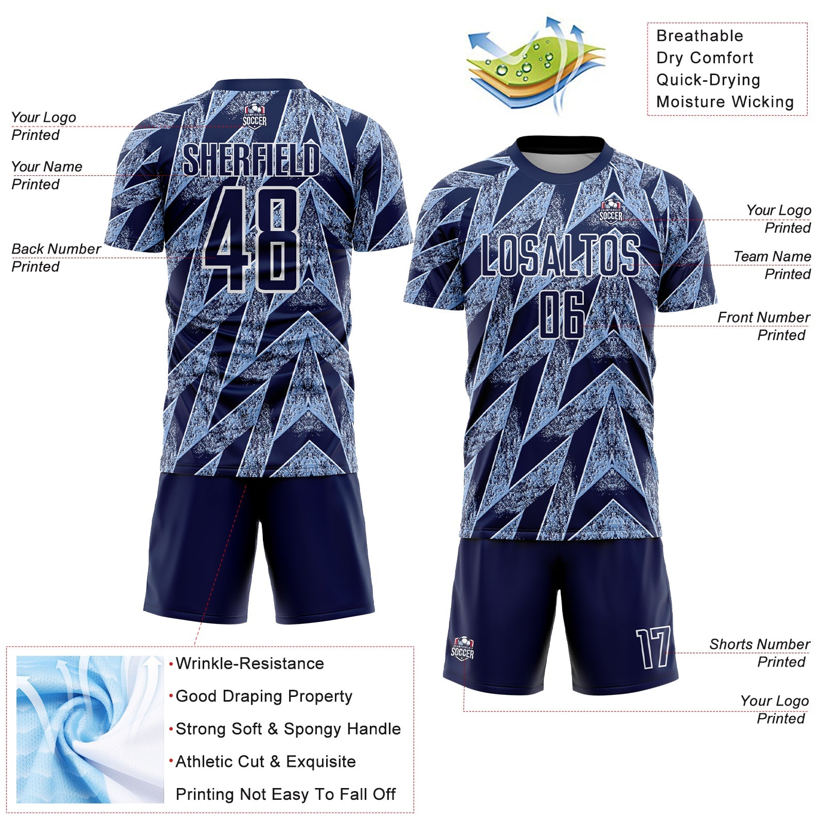 Custom Navy Light Blue-White Argentina Stripes Sports Sublimation Soccer Uniform Jersey