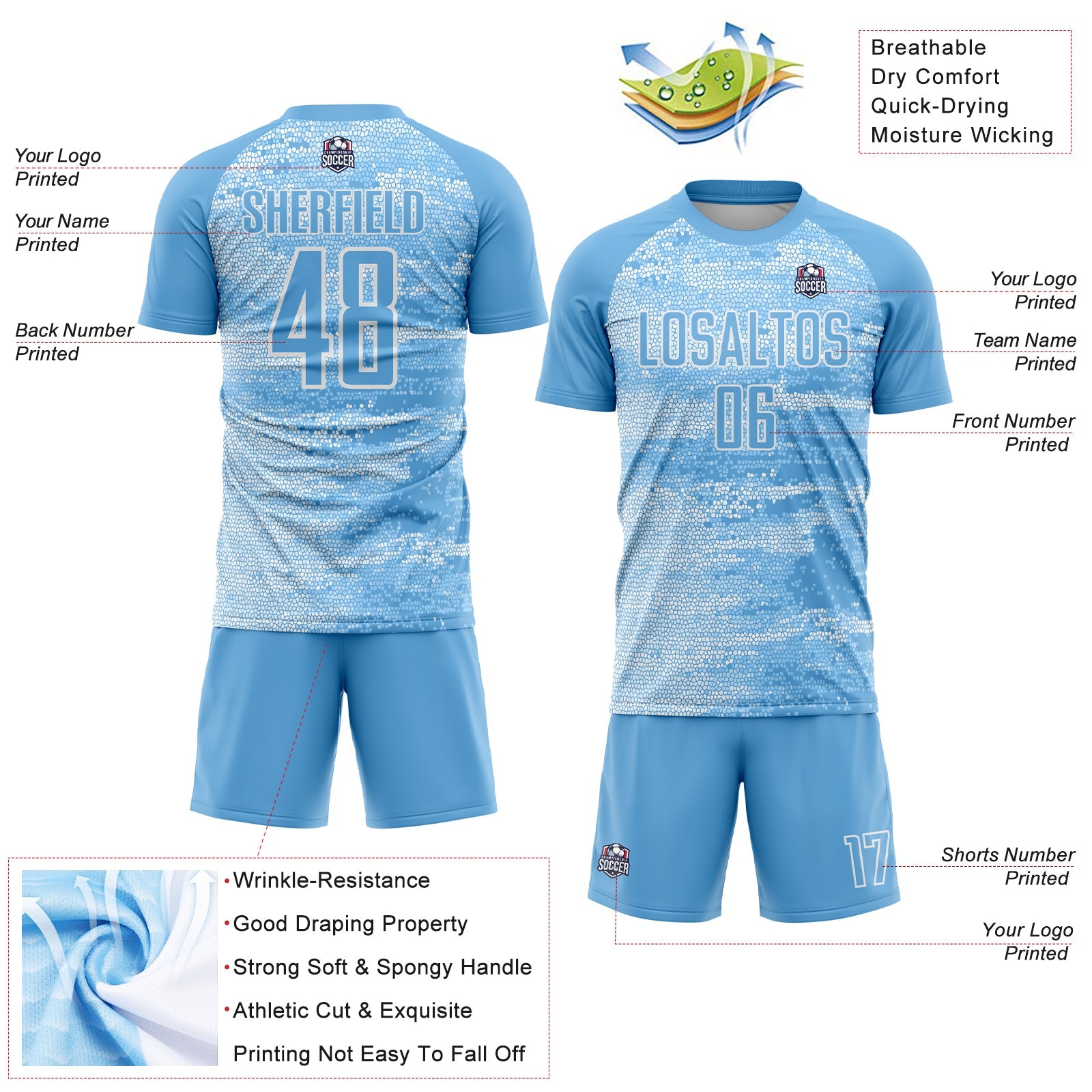 Custom Light Blue White Argentina Geometric Pattern Sports Sublimation Soccer Uniform Jersey