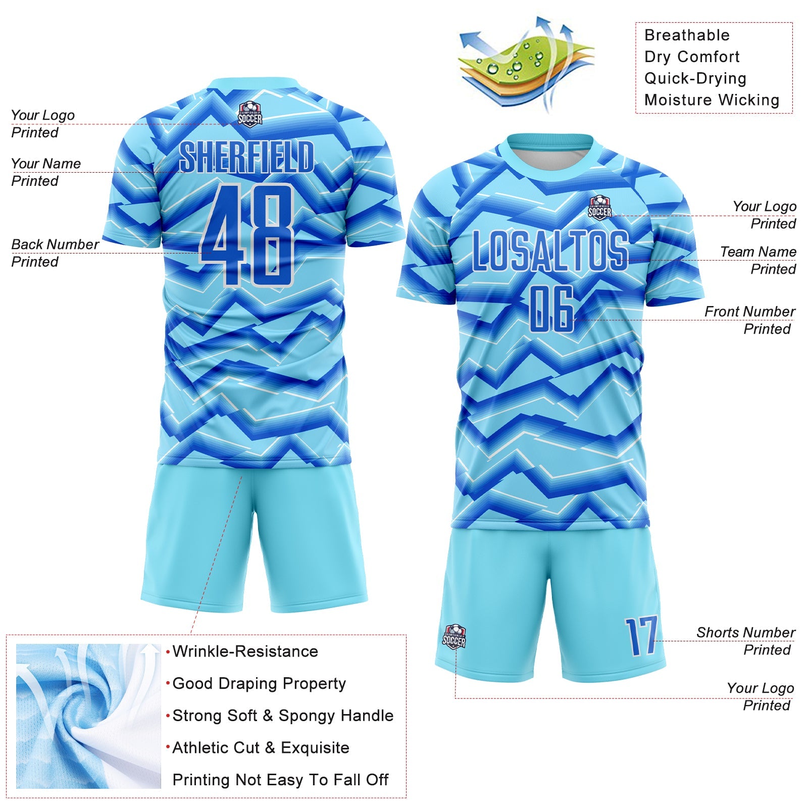 Custom Lakes Blue Powder Blue-White Lines Sports Sublimation Soccer Uniform Jersey