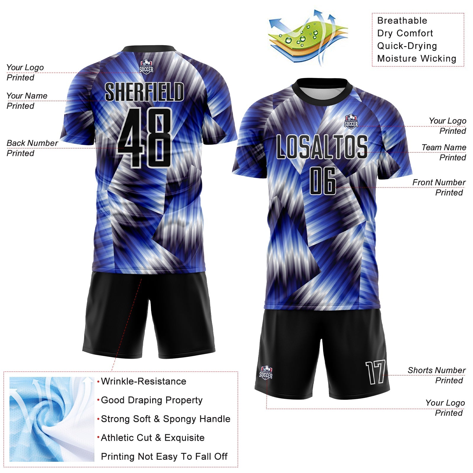 Custom Black Royal-White Lines Sports Sublimation Soccer Uniform Jersey