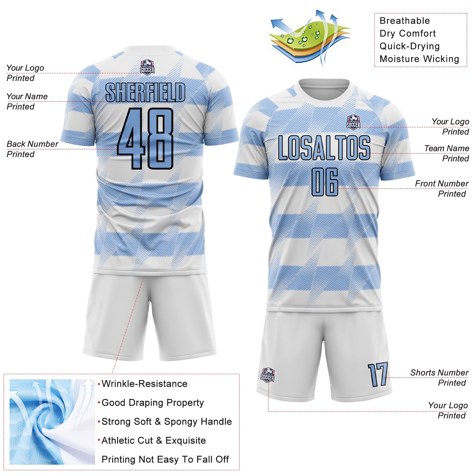 Custom White Light Blue-Black Argentina Stripes Sports Sublimation Soccer Uniform Jersey