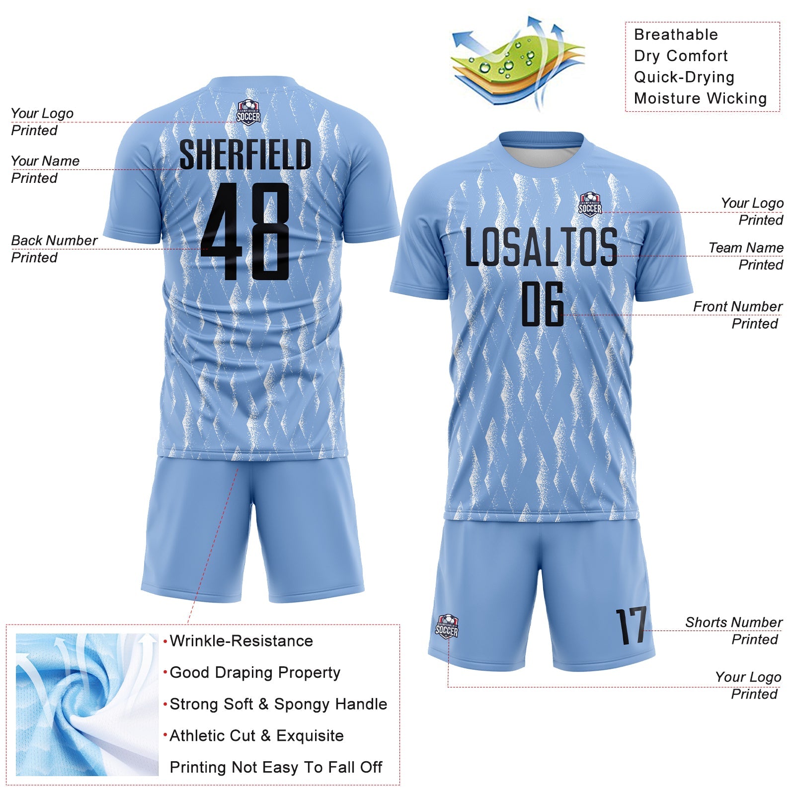 Custom Light Blue Black-White Argentina Splatter Pattern Sports Sublimation Soccer Uniform Jersey