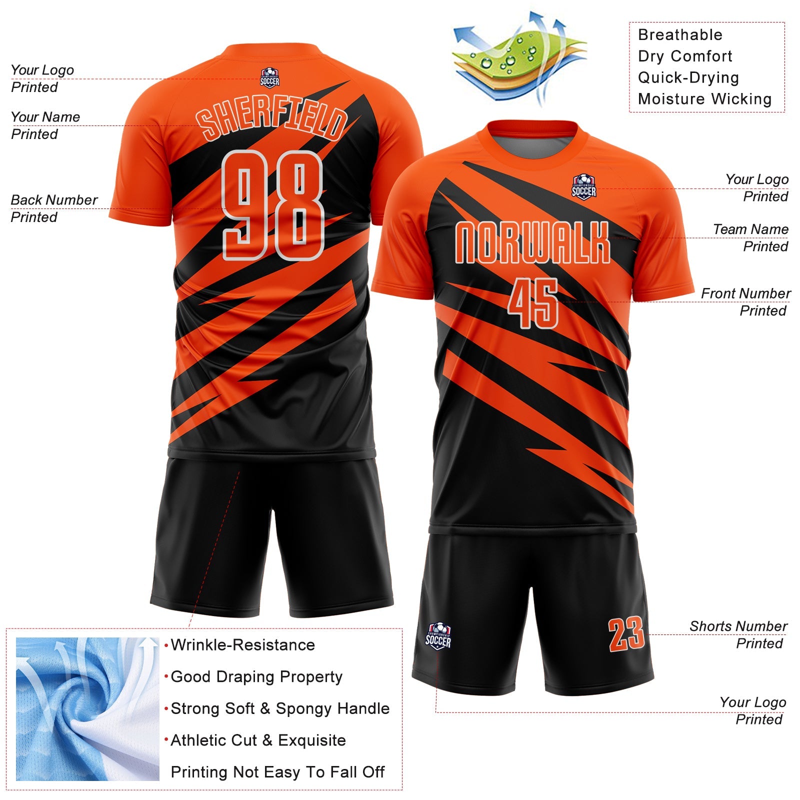 Custom Orange Black-White Abstract Line Sports Sublimation Soccer Uniform Jersey
