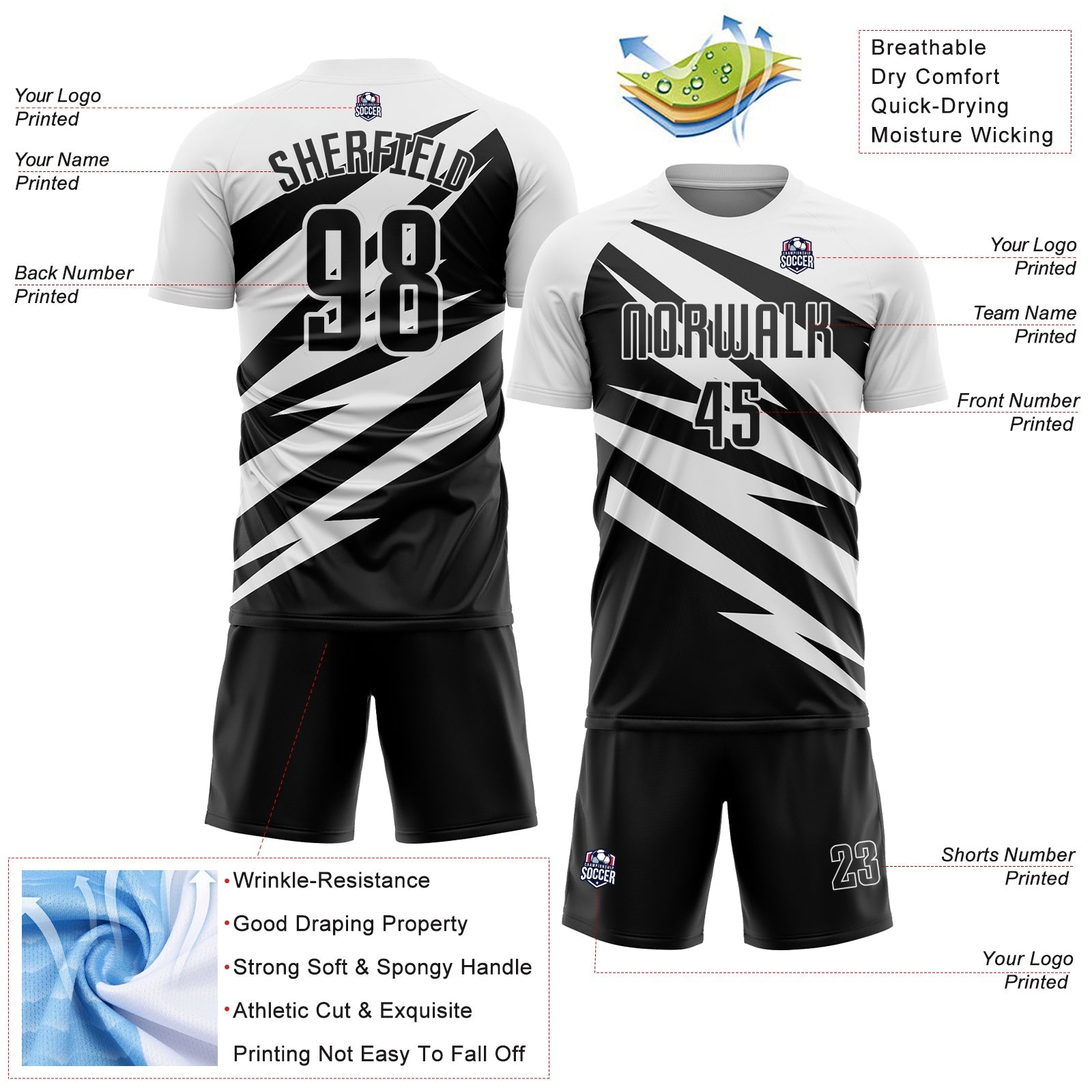Custom White Black Abstract Line Sports Sublimation Soccer Uniform Jersey