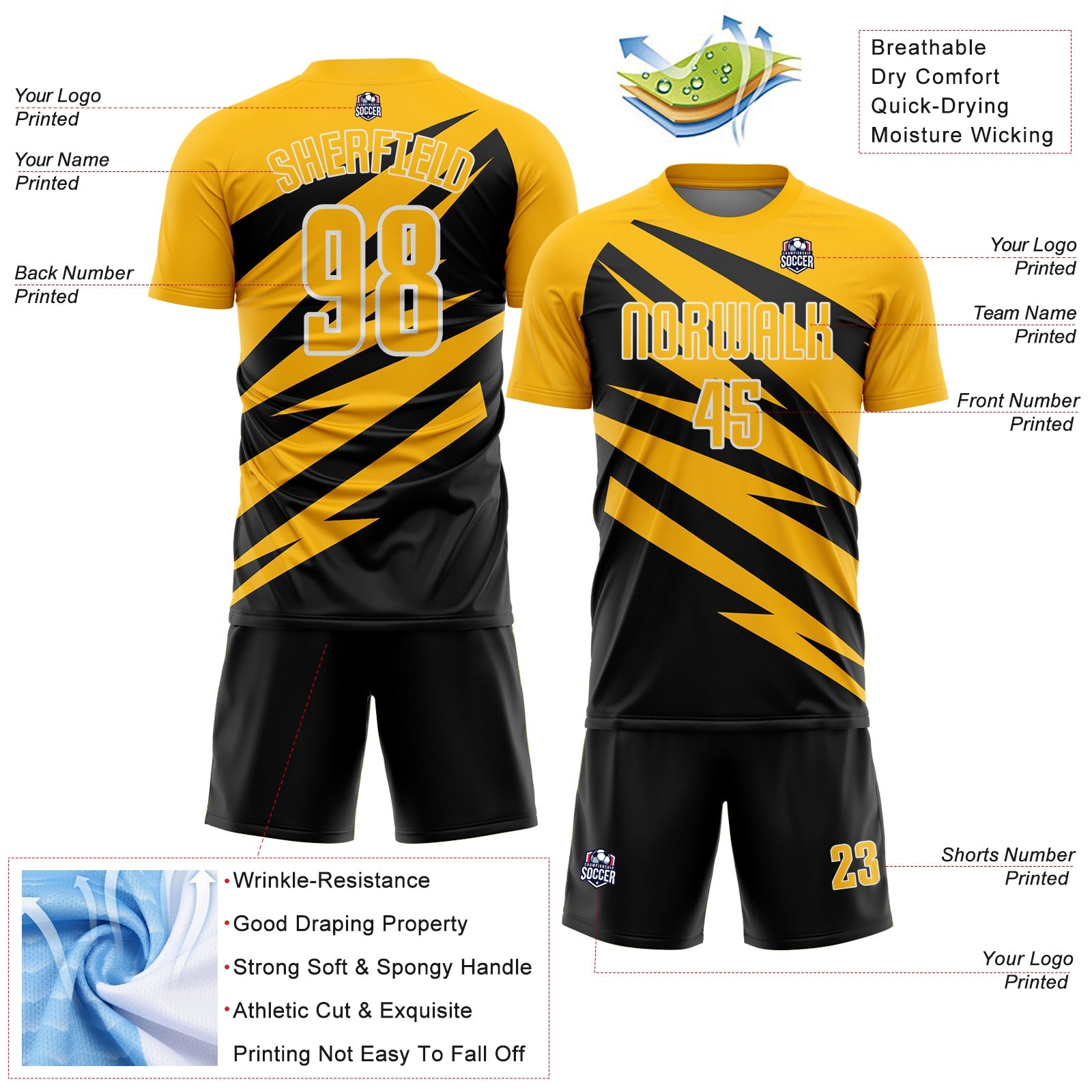 Custom Gold Black-White Abstract Line Sports Sublimation Soccer Uniform Jersey