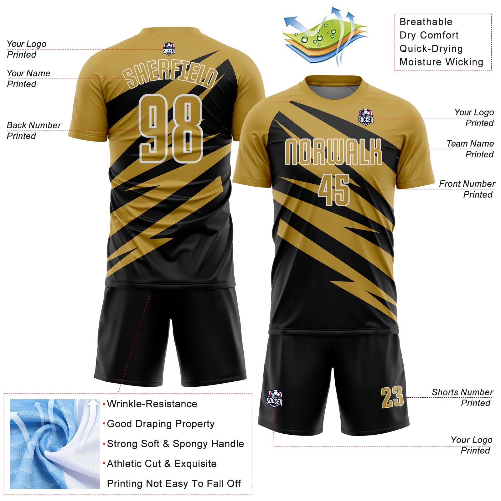 Custom Old Gold Black-White Abstract Line Sports Sublimation Soccer Uniform Jersey