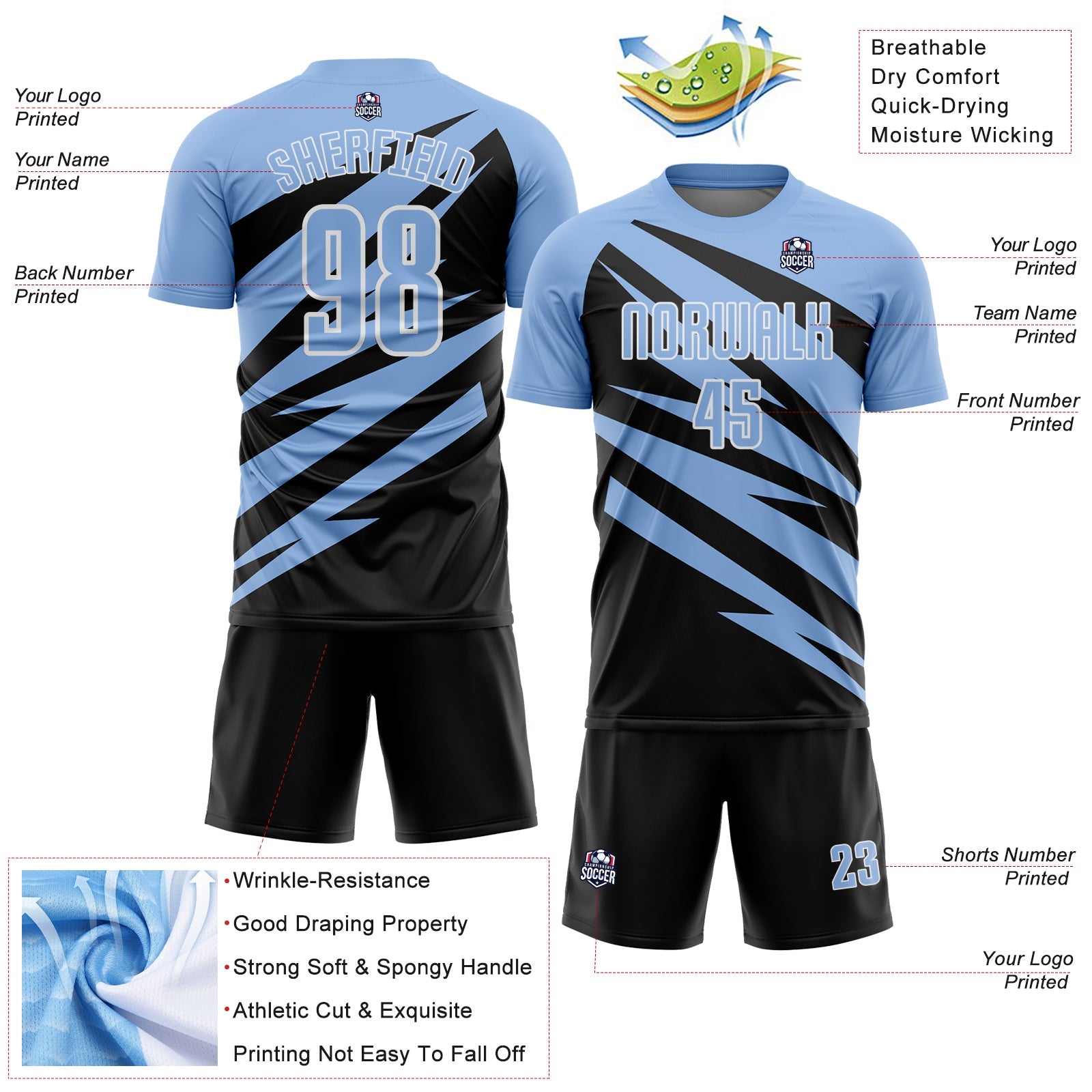 Custom Light Blue Black-White Abstract Line Sports Sublimation Soccer Uniform Jersey