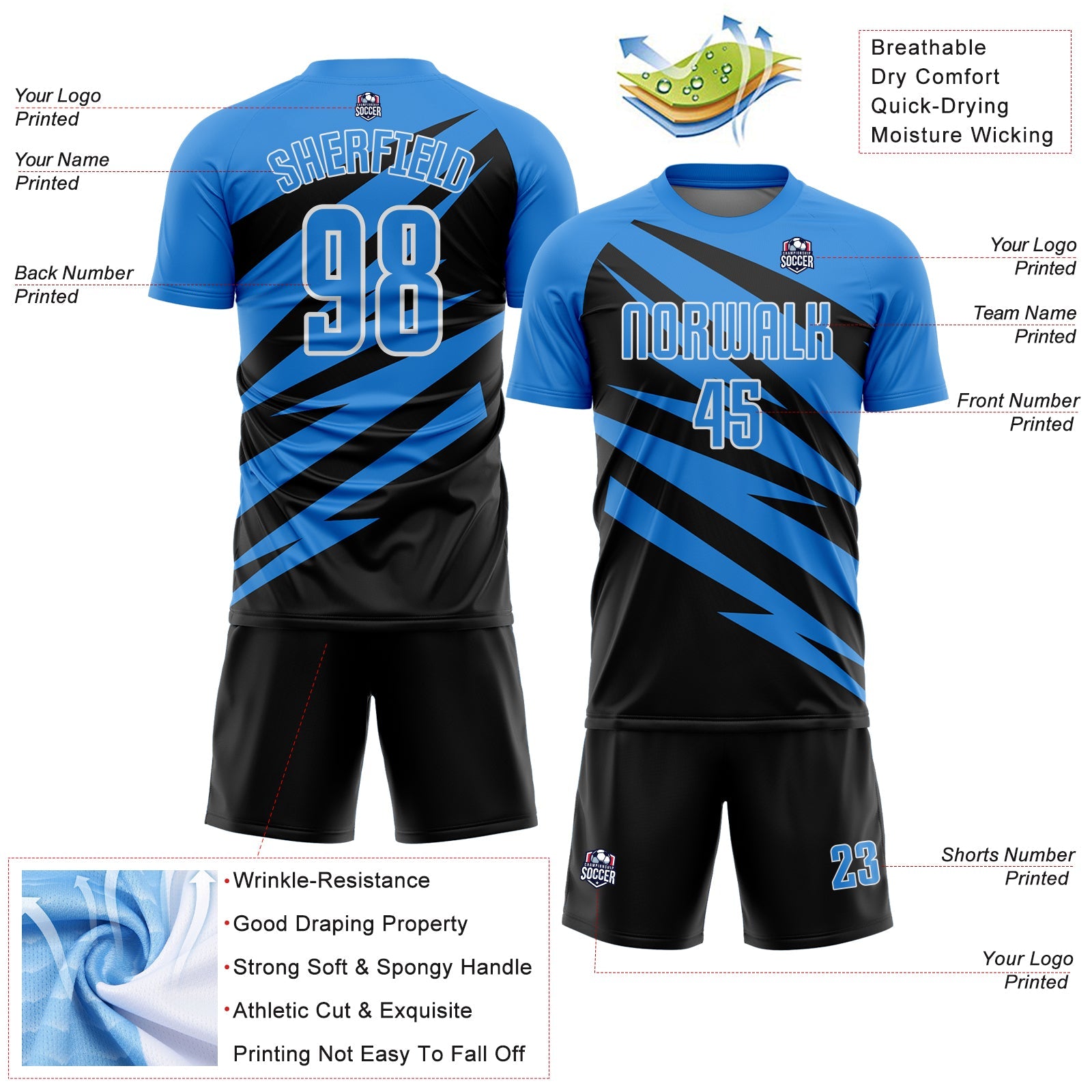 Custom Powder Blue Black-White Abstract Line Sports Sublimation Soccer Uniform Jersey
