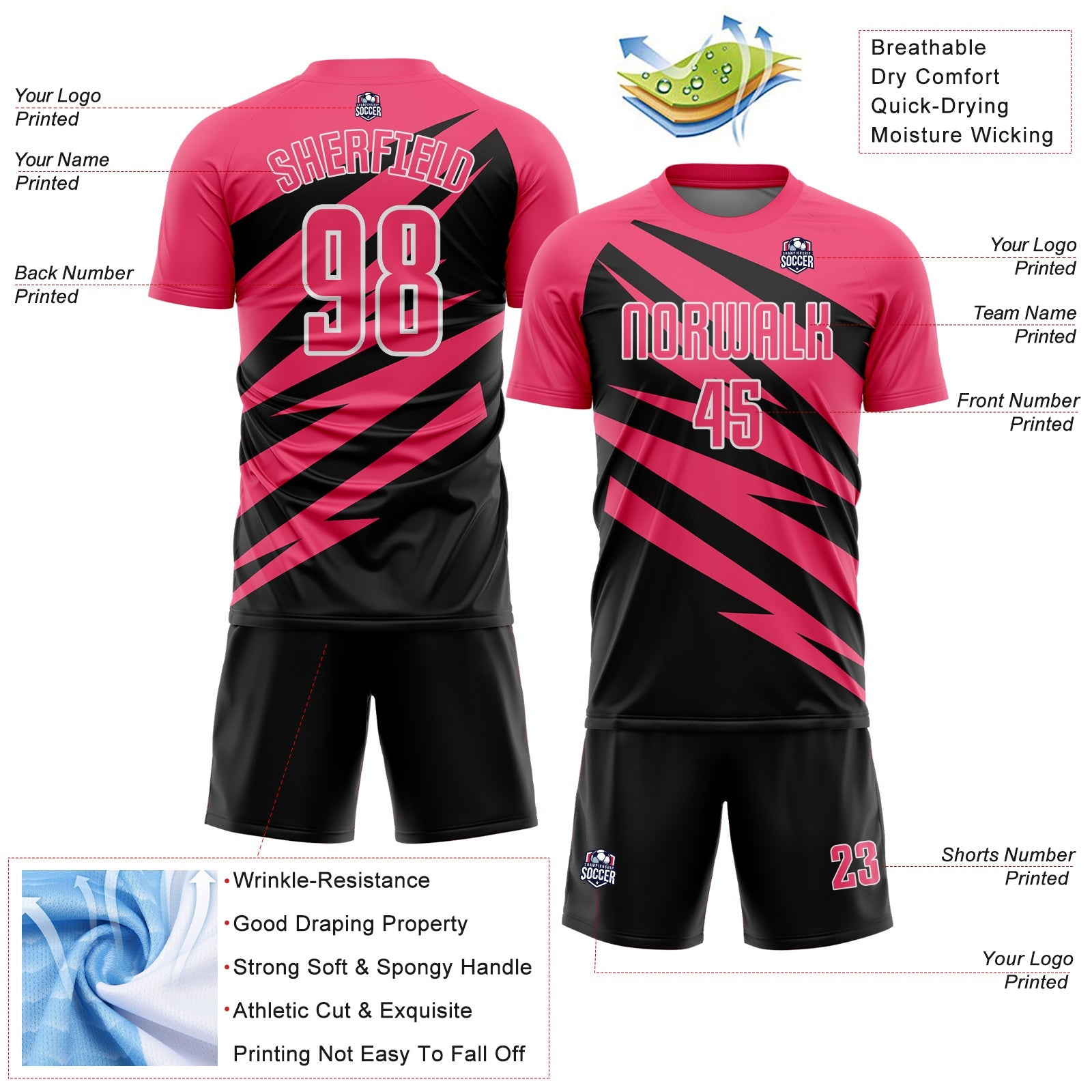 Custom Neon Pink Black-White Abstract Line Sports Sublimation Soccer Uniform Jersey