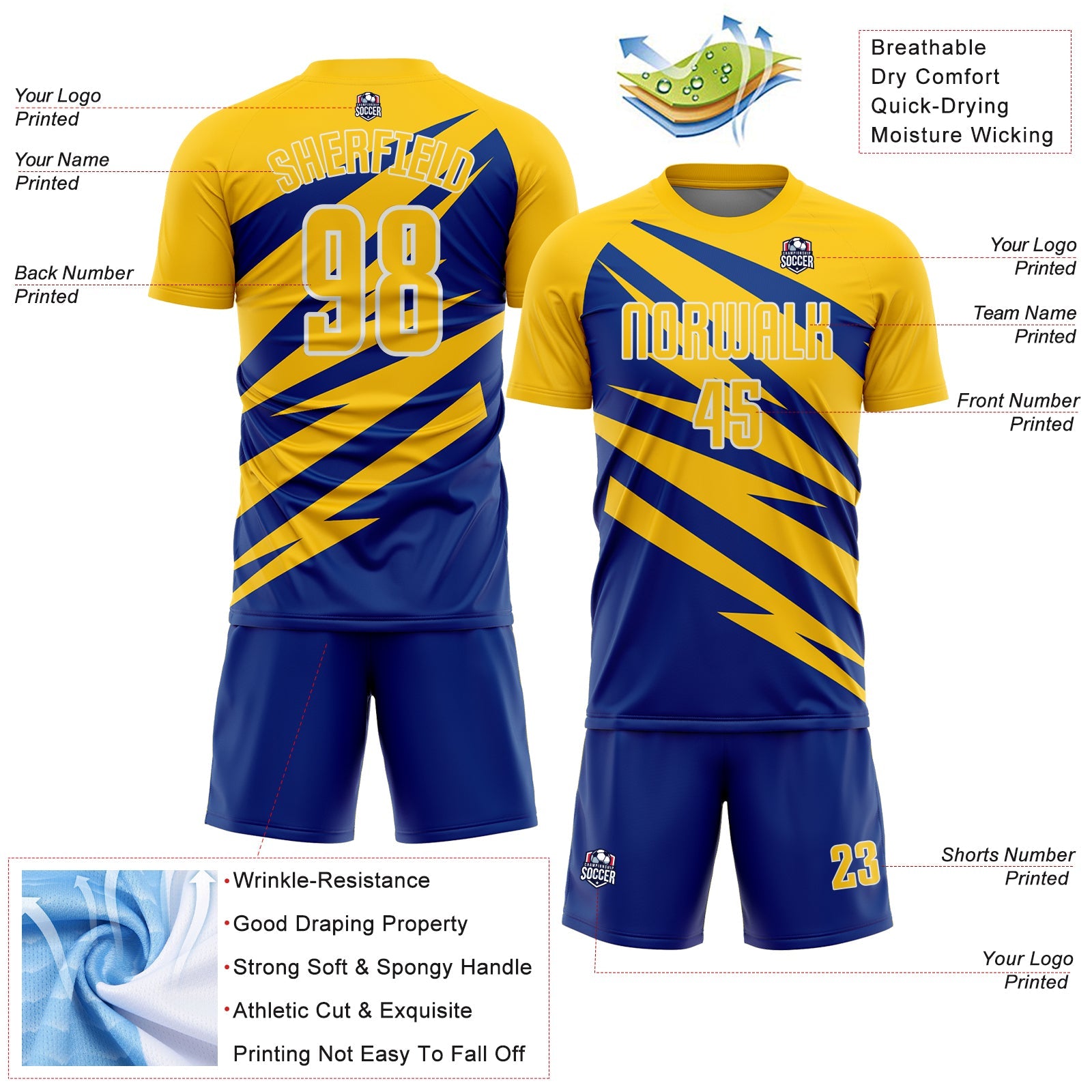 Custom Yellow Royal-White Abstract Line Sports Sublimation Soccer Uniform Jersey