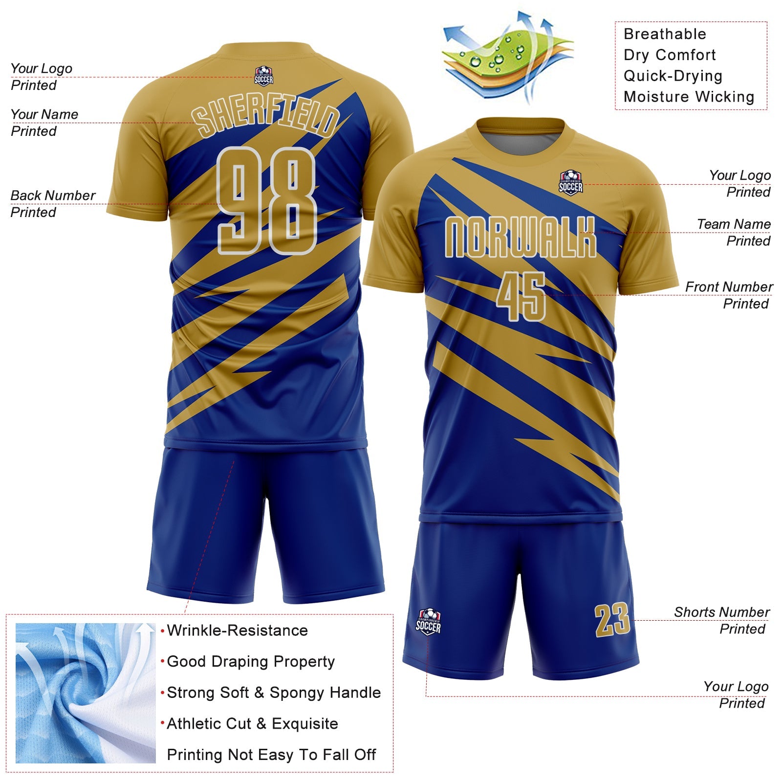 Custom Old Gold Royal-White Abstract Line Sports Sublimation Soccer Uniform Jersey