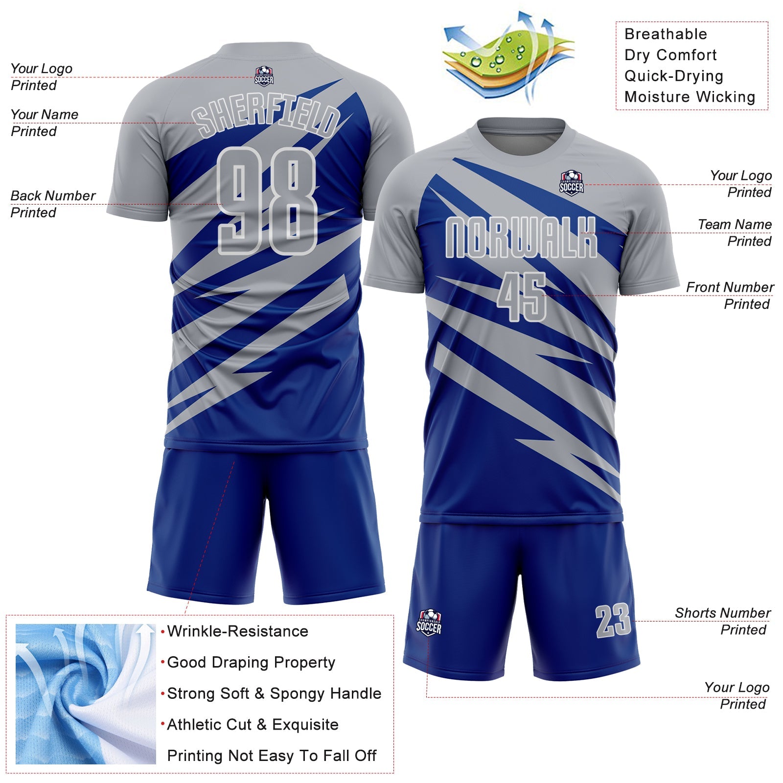 Custom Gray Royal-White Abstract Line Sports Sublimation Soccer Uniform Jersey