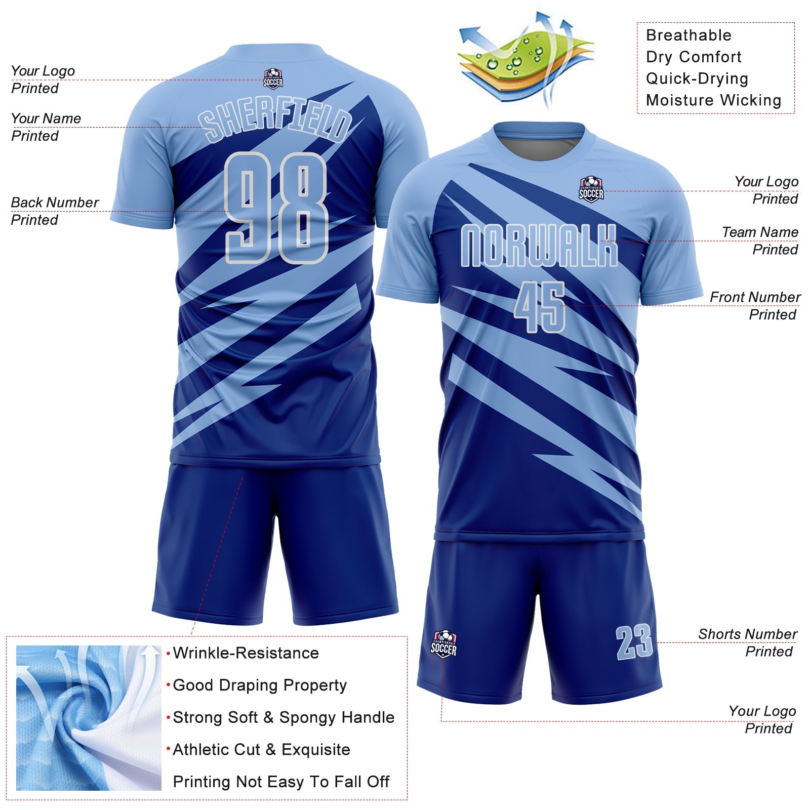 Custom Light Blue Royal-White Abstract Line Sports Sublimation Soccer Uniform Jersey