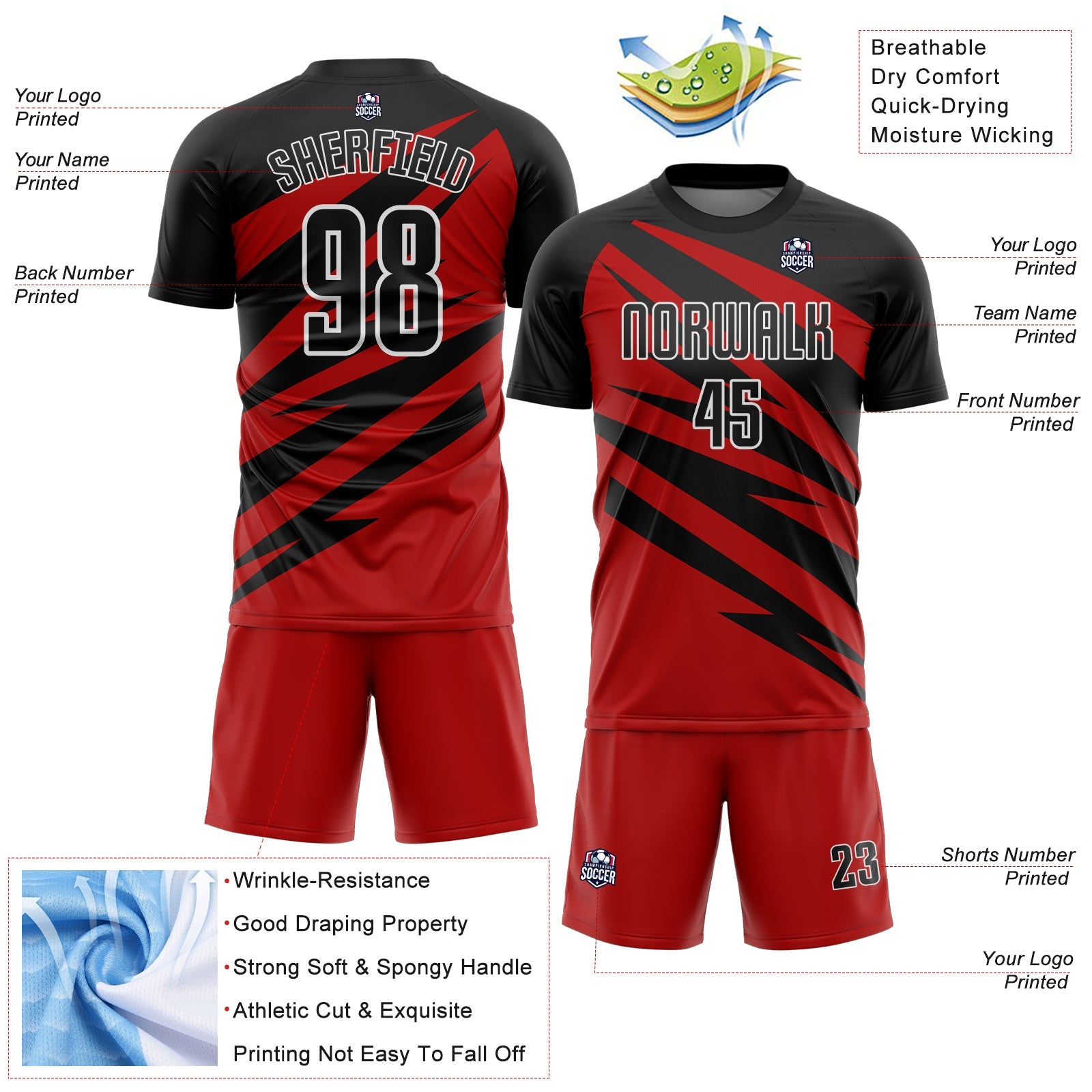 Custom Black Red-White Abstract Line Sports Sublimation Soccer Uniform Jersey