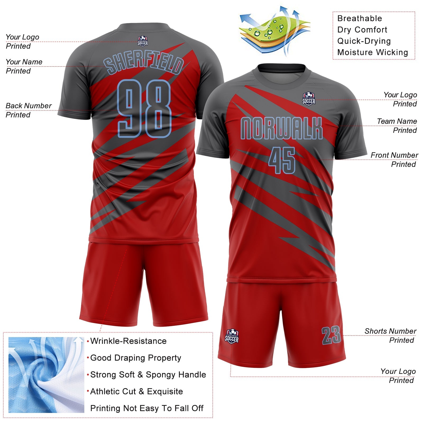Custom Steel Gray Red-Light Blue Abstract Line Sports Sublimation Soccer Uniform Jersey