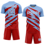 Custom Light Blue Red-White Abstract Line Sports Sublimation Soccer Uniform Jersey