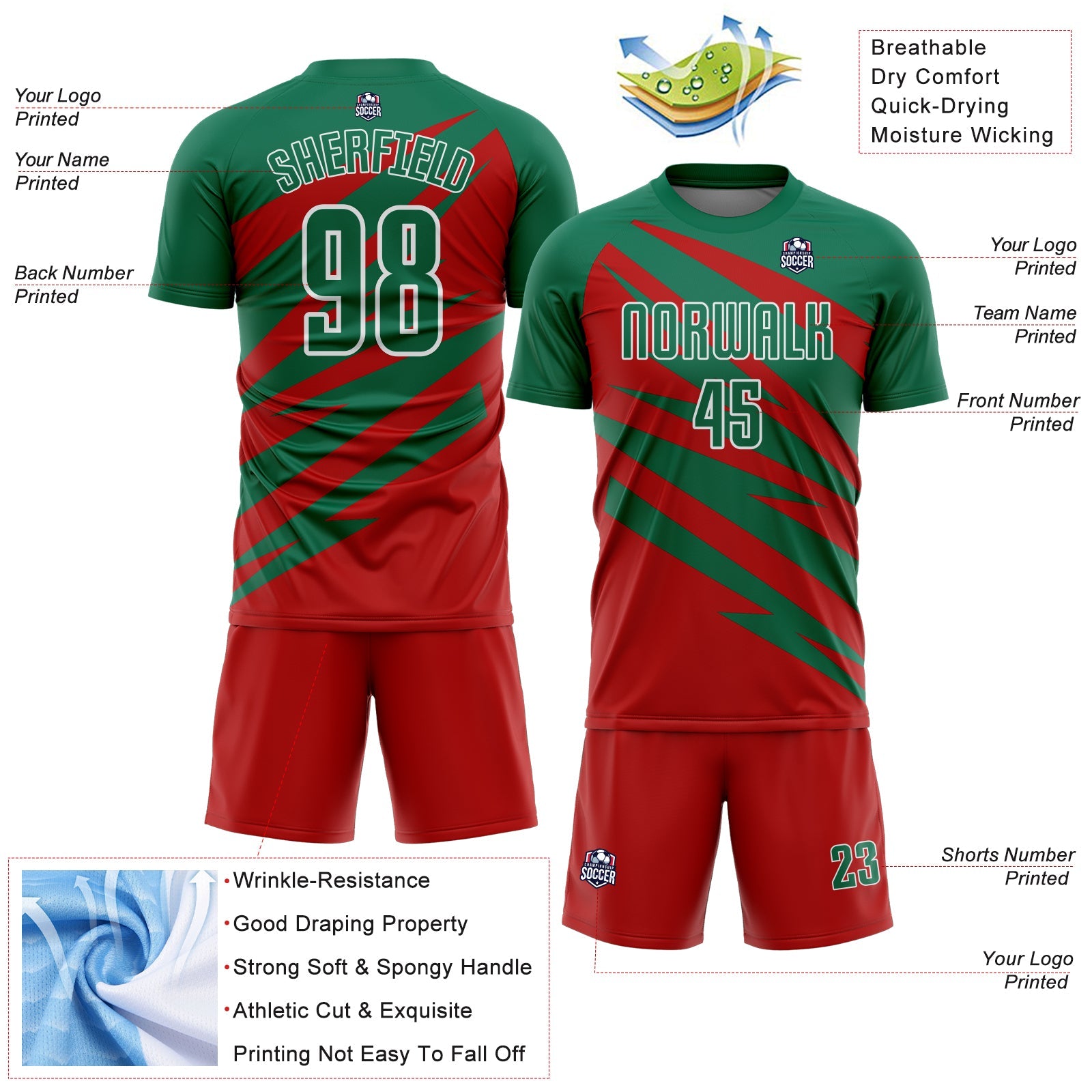 Custom Kelly Green Red-White Abstract Line Sports Sublimation Soccer Uniform Jersey