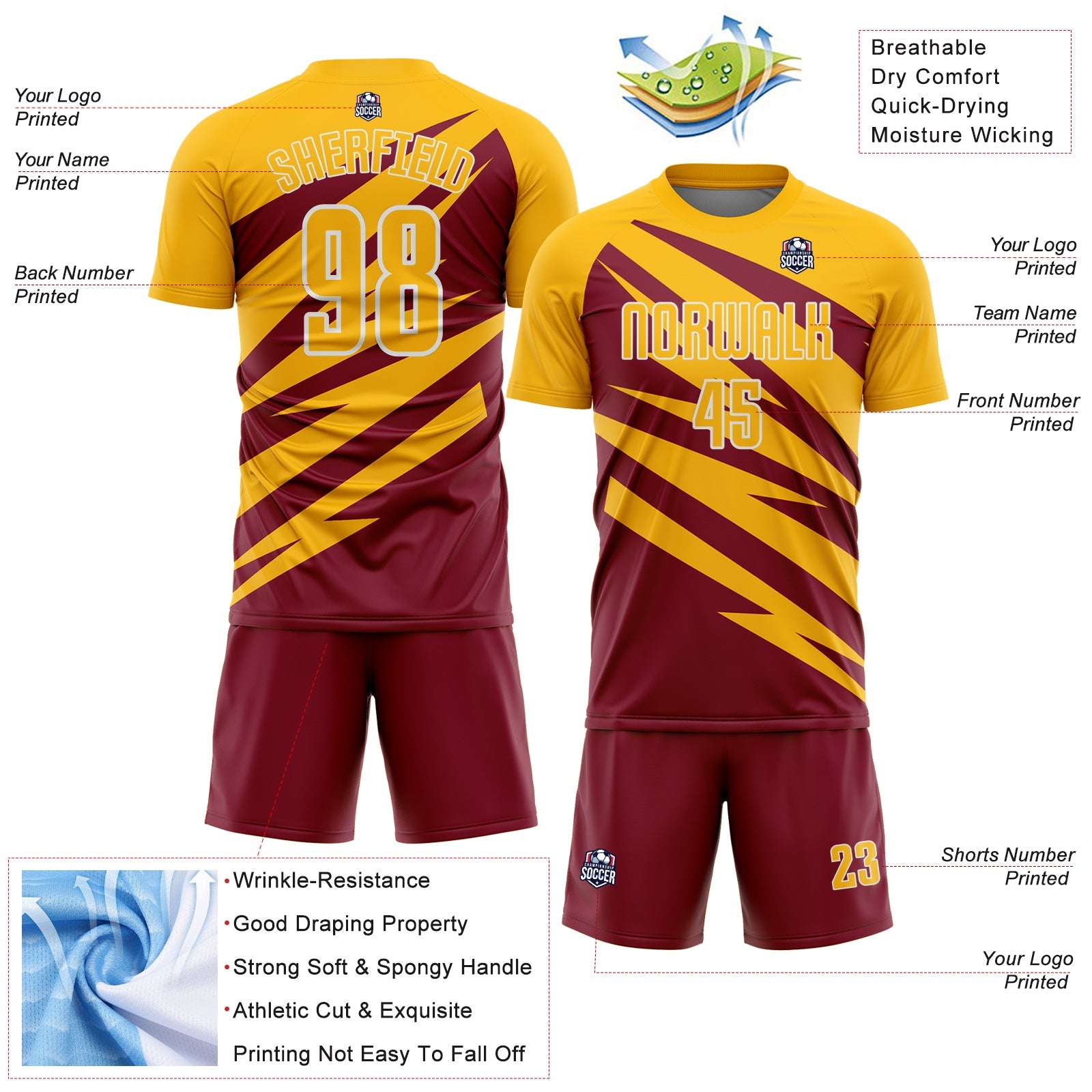 Custom Gold Crimson-White Abstract Line Sports Sublimation Soccer Uniform Jersey