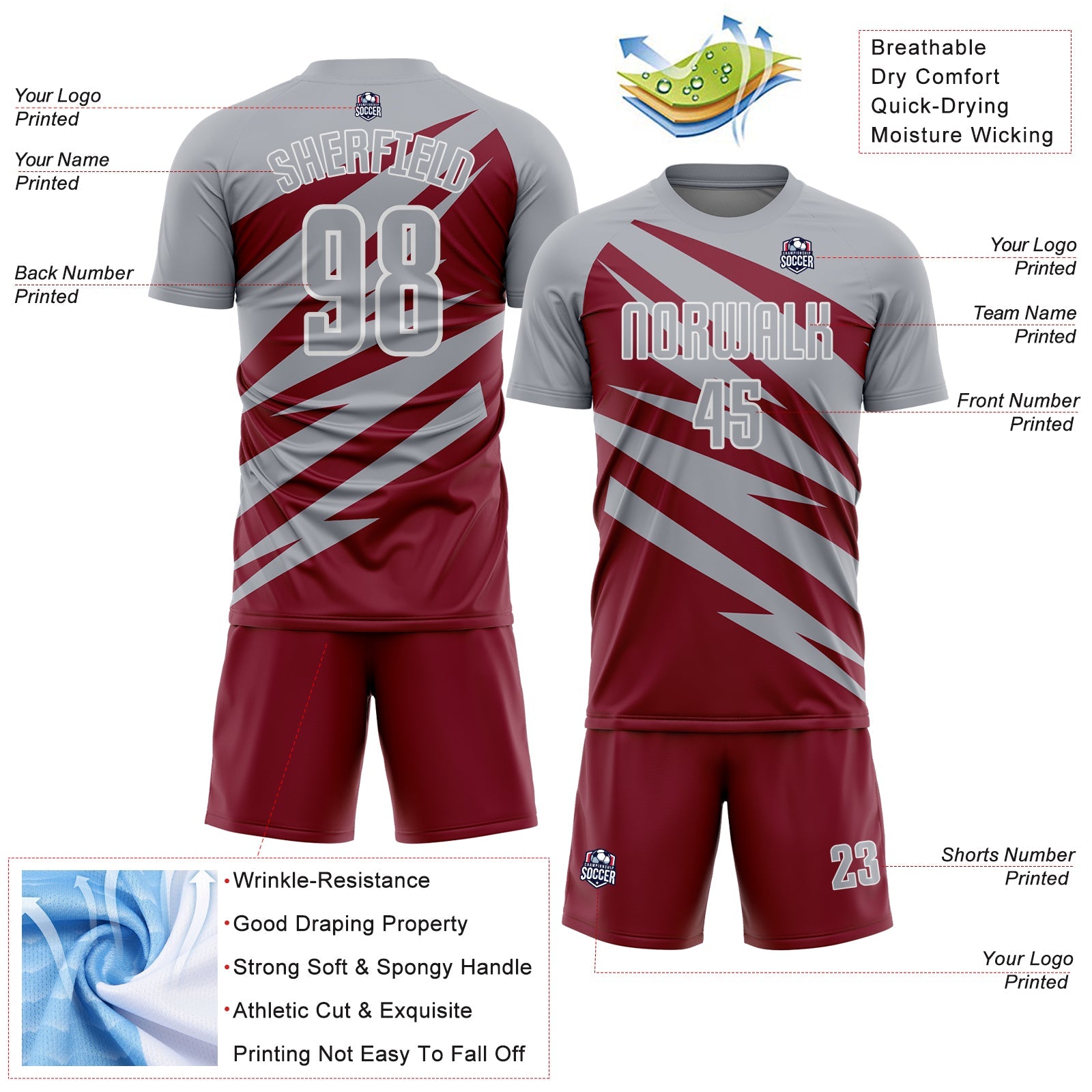 Custom Gray Crimson-White Abstract Line Sports Sublimation Soccer Uniform Jersey