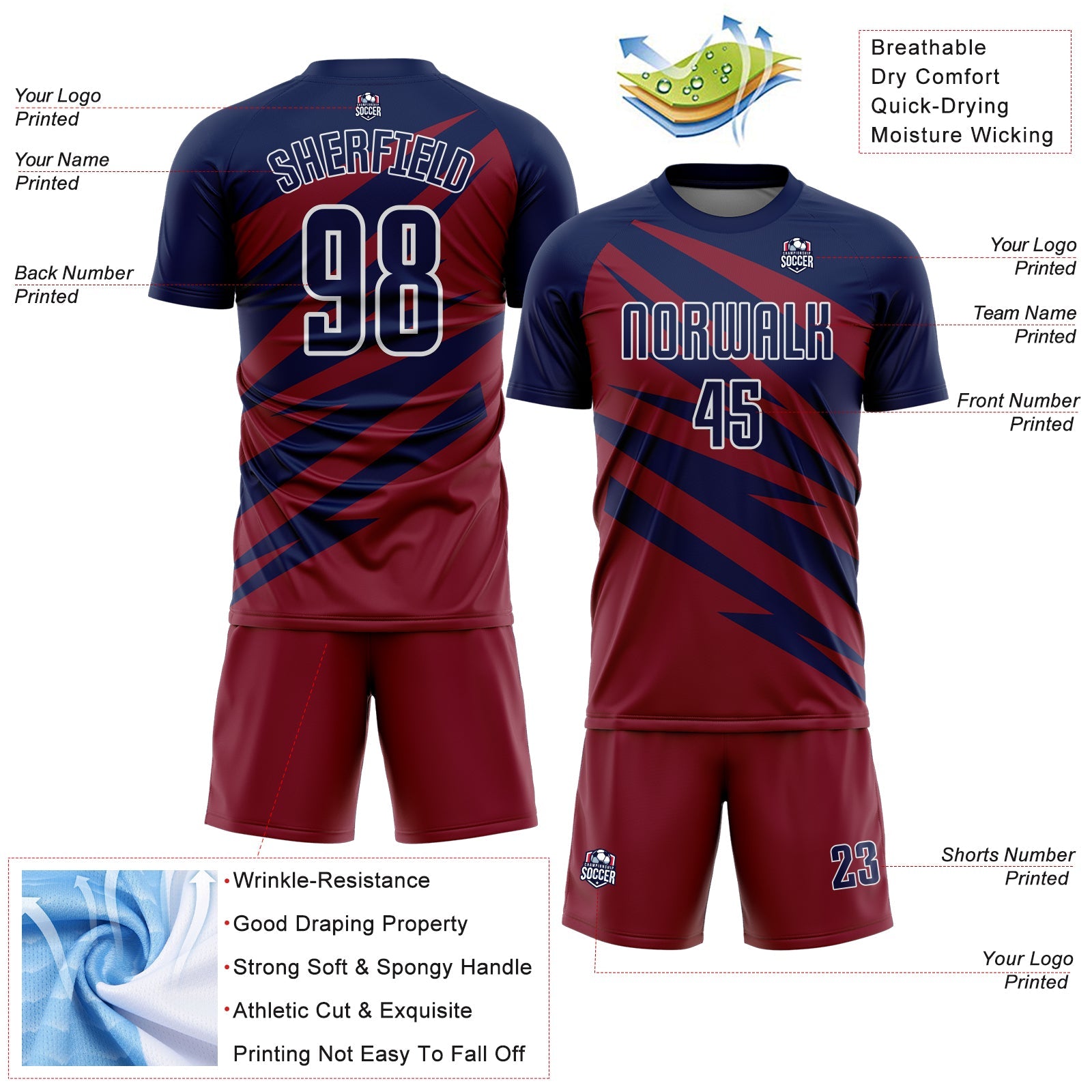 Custom Navy Crimson-White Abstract Line Sports Sublimation Soccer Uniform Jersey