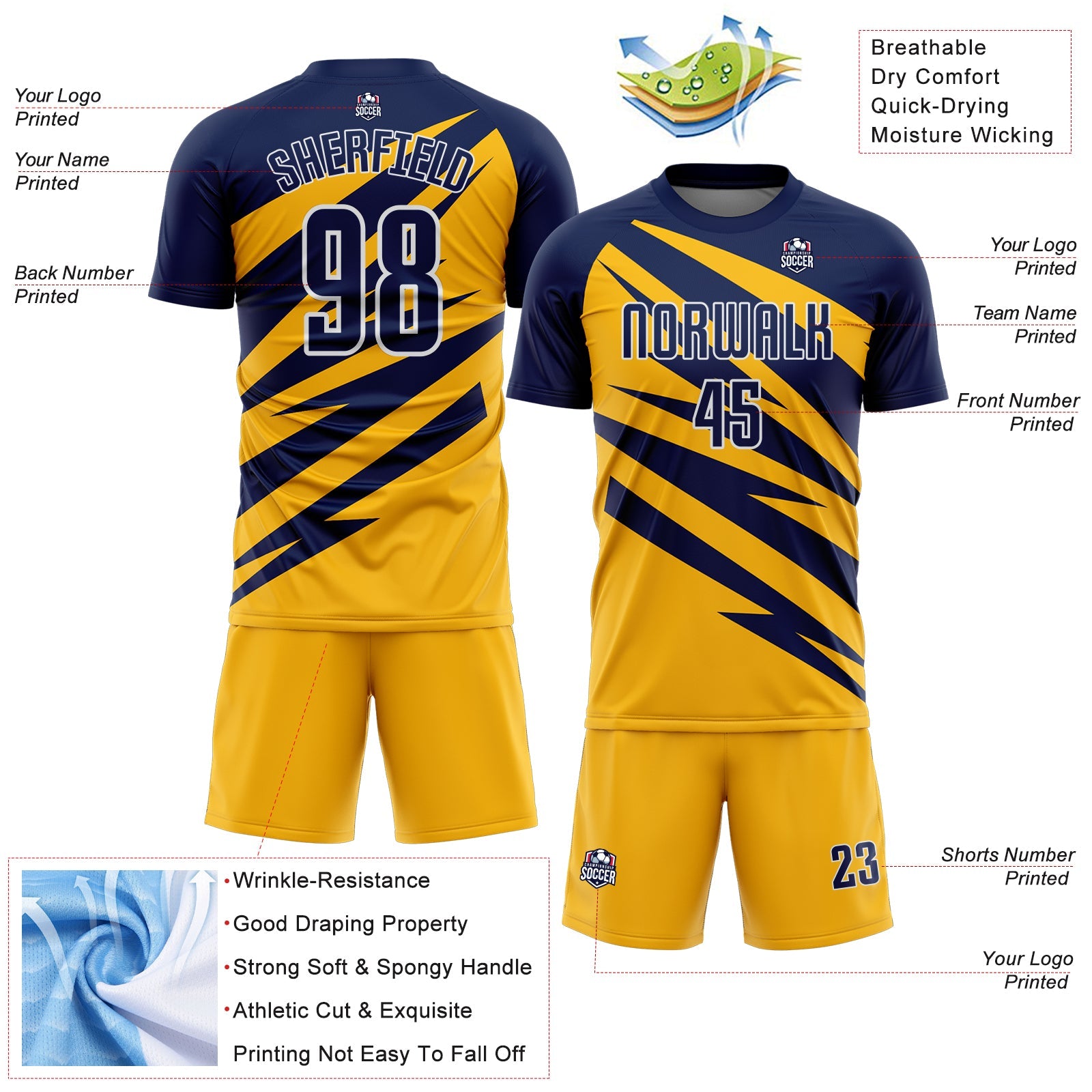 Custom Navy Gold-White Abstract Line Sports Sublimation Soccer Uniform Jersey