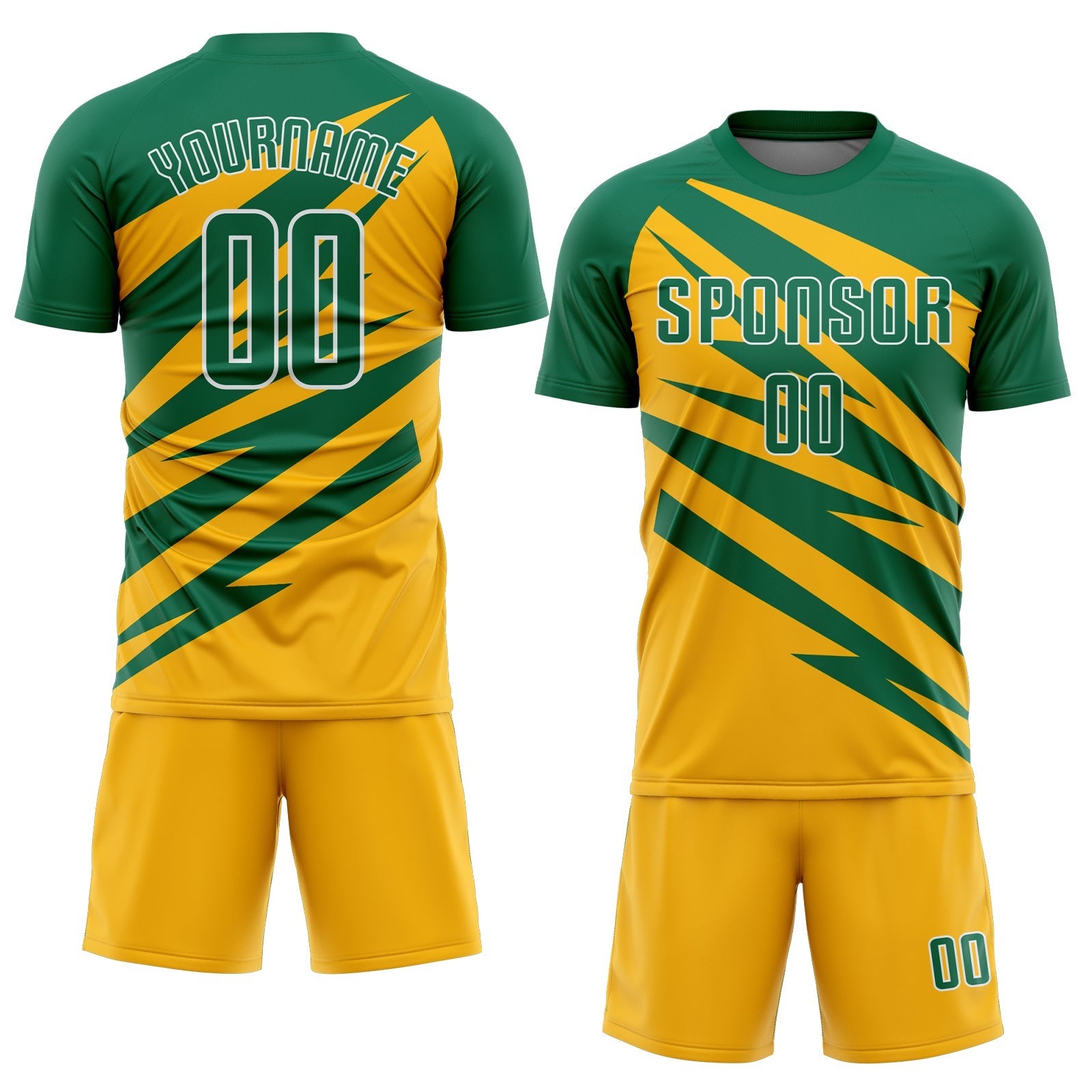 Custom Kelly Green Gold-White Abstract Line Sports Sublimation Soccer Uniform Jersey