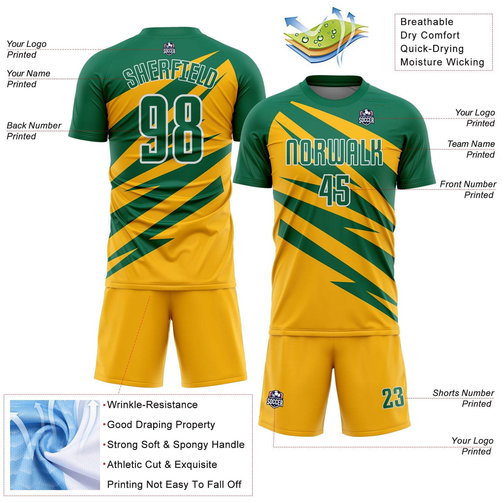 Custom Kelly Green Gold-White Abstract Line Sports Sublimation Soccer Uniform Jersey