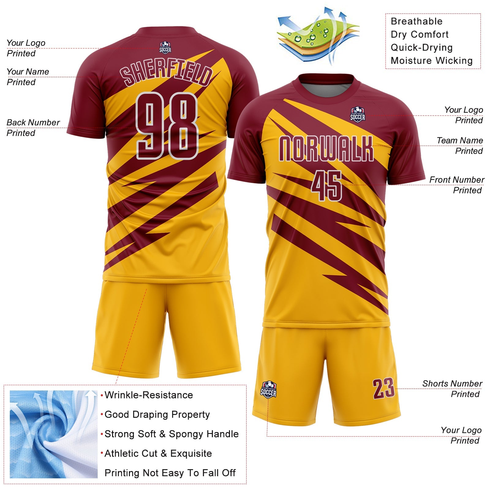 Custom Crimson Gold-White Abstract Line Sports Sublimation Soccer Uniform Jersey