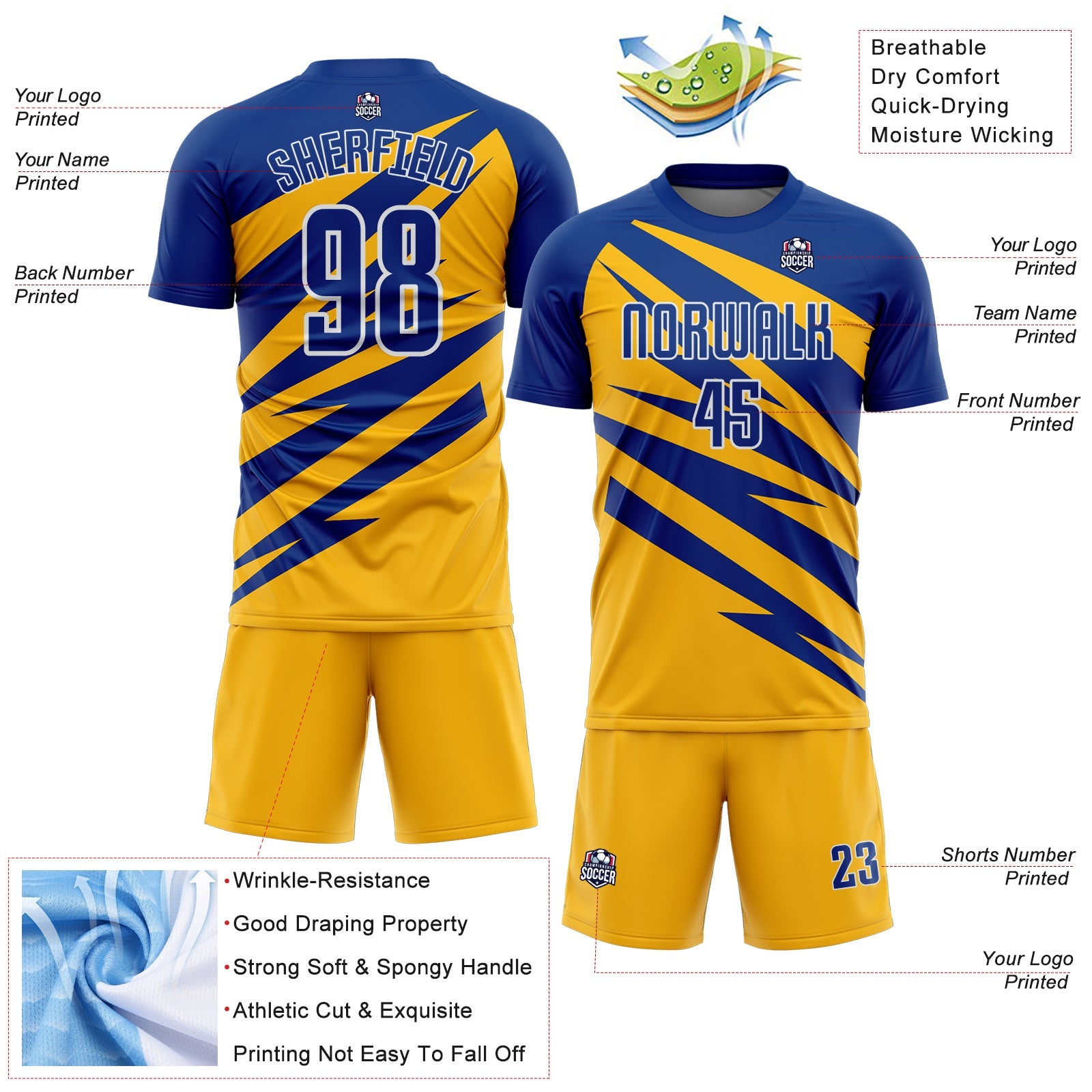 Custom Royal Gold-White Abstract Line Sports Sublimation Soccer Uniform Jersey