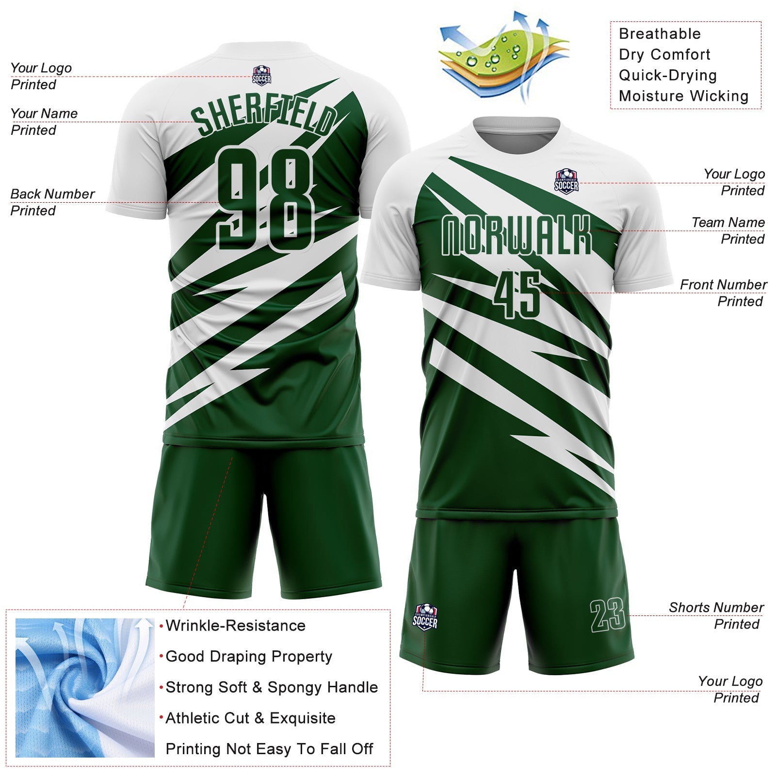 Custom White Green Abstract Line Sports Sublimation Soccer Uniform Jersey