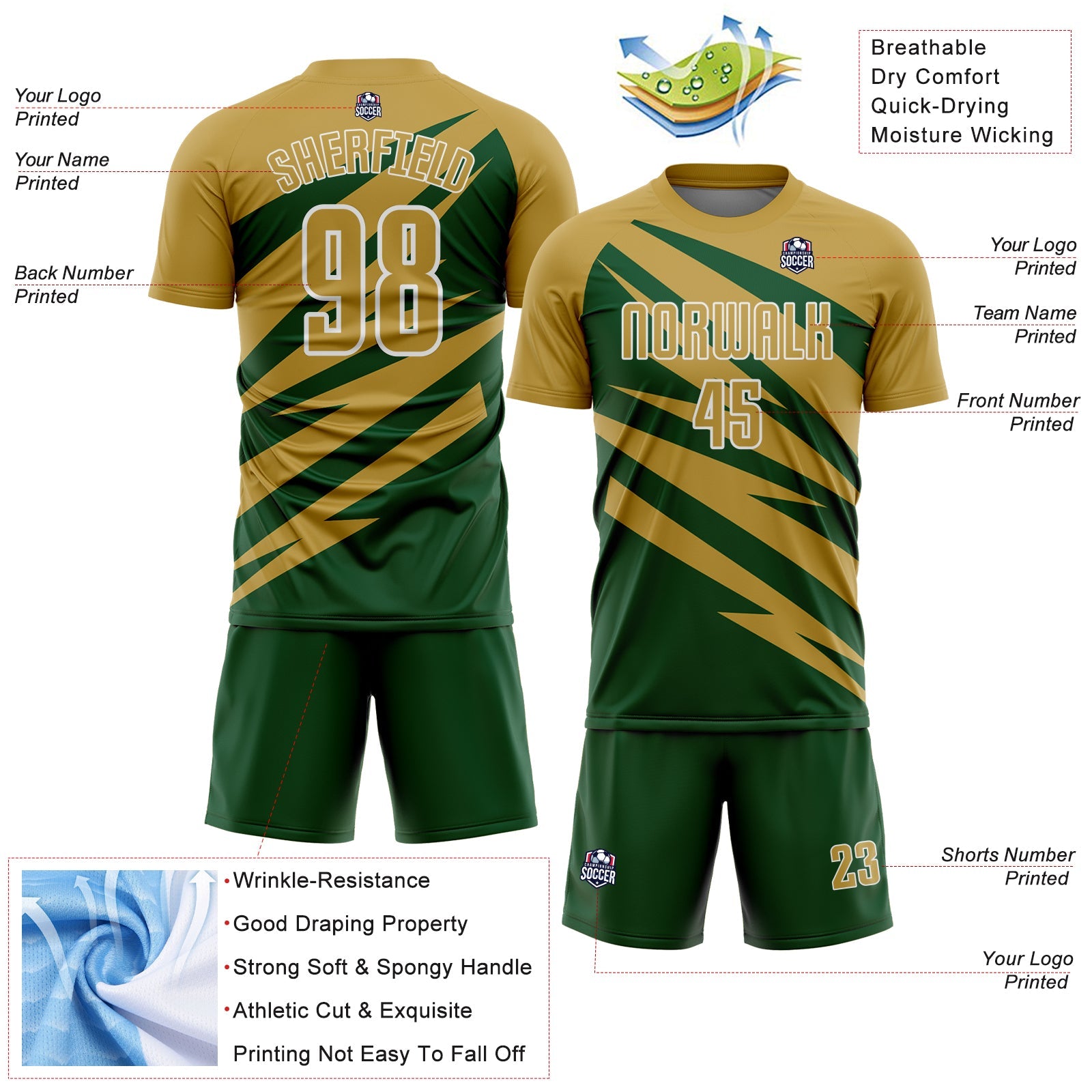 Custom Old Gold Green-White Abstract Line Sports Sublimation Soccer Uniform Jersey