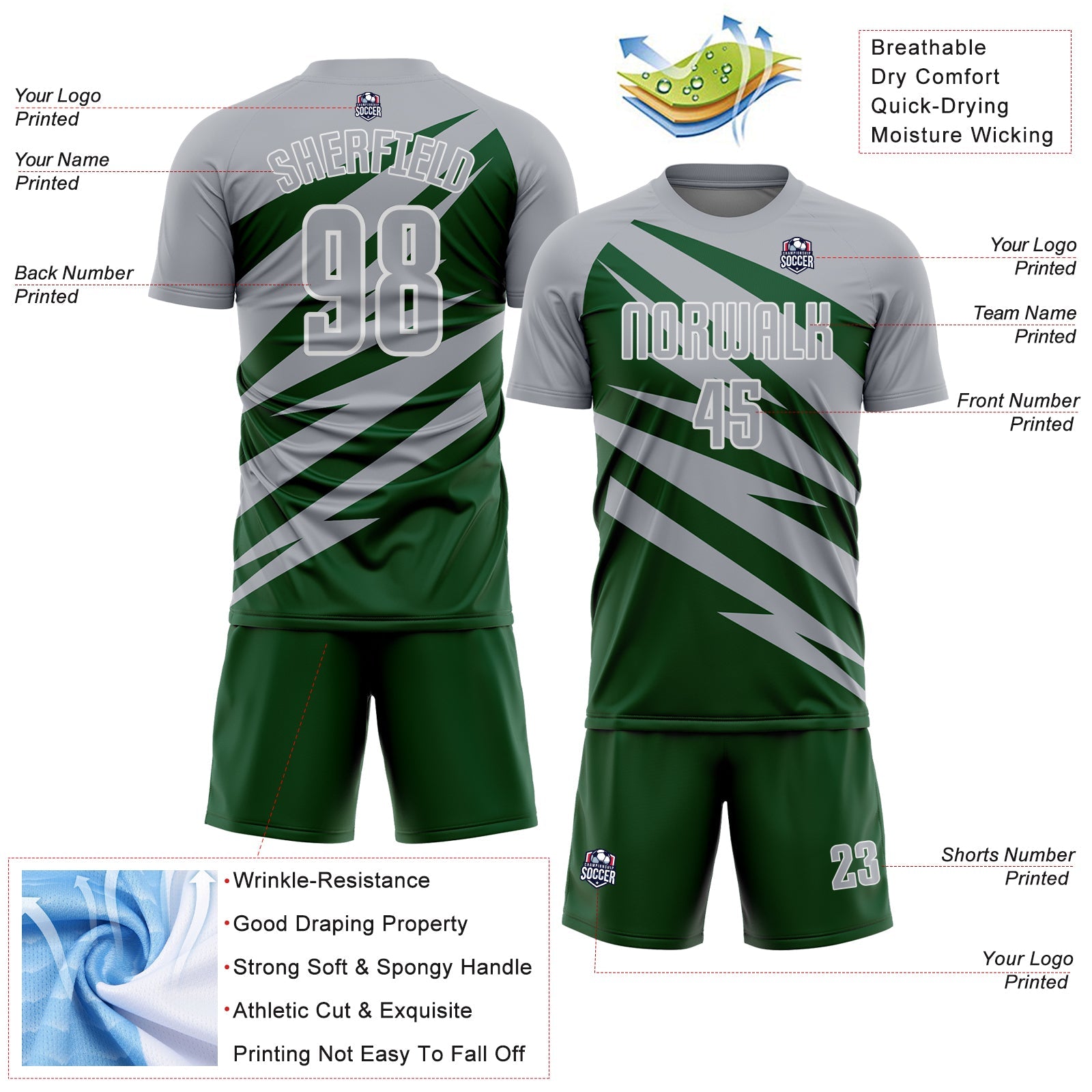 Custom Gray Green-White Abstract Line Sports Sublimation Soccer Uniform Jersey