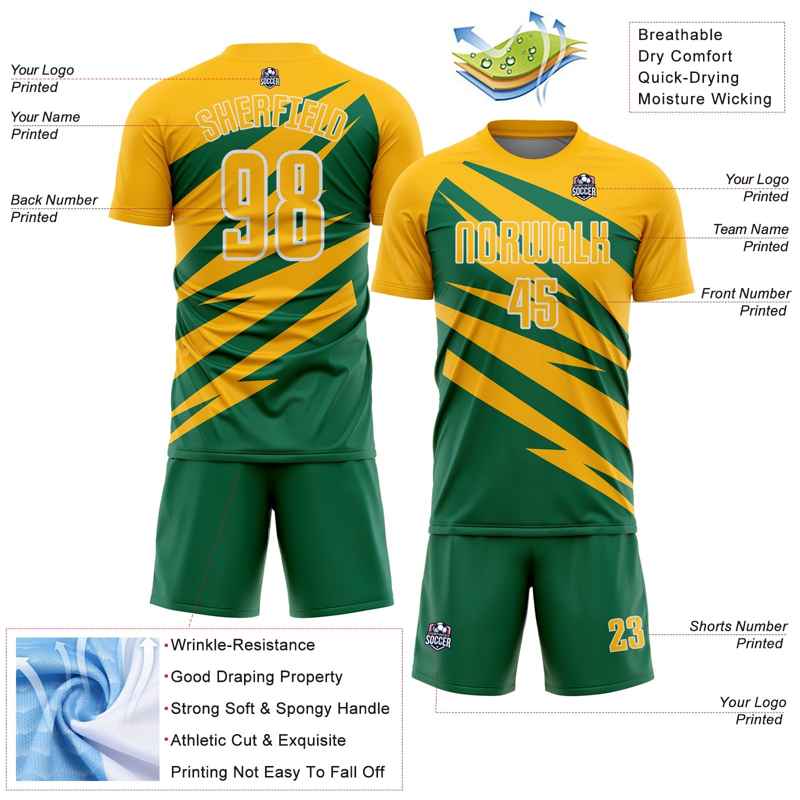 Custom Gold Kelly Green-White Abstract Line Sports Sublimation Soccer Uniform Jersey