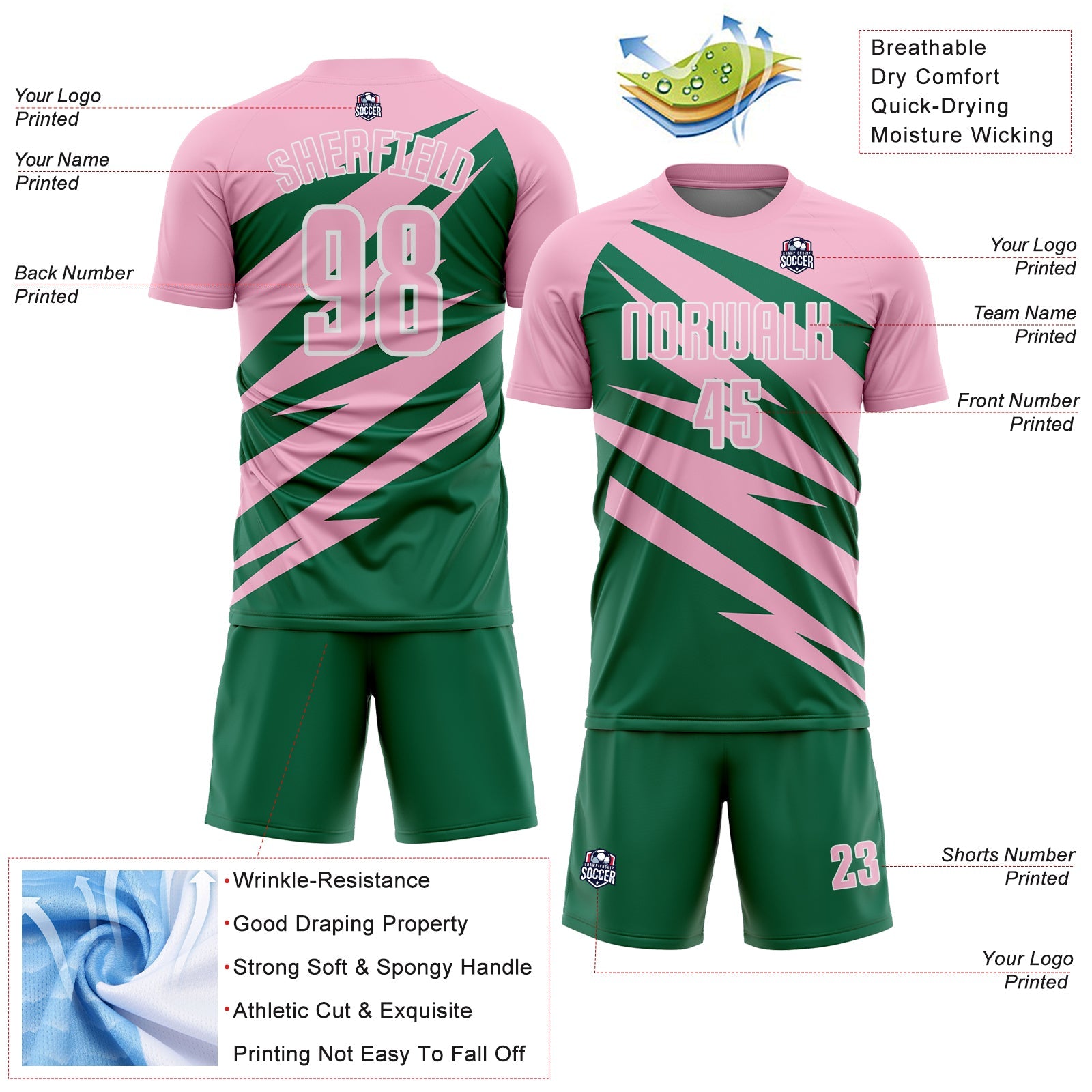 Custom Light Pink Kelly Green-White Abstract Line Sports Sublimation Soccer Uniform Jersey
