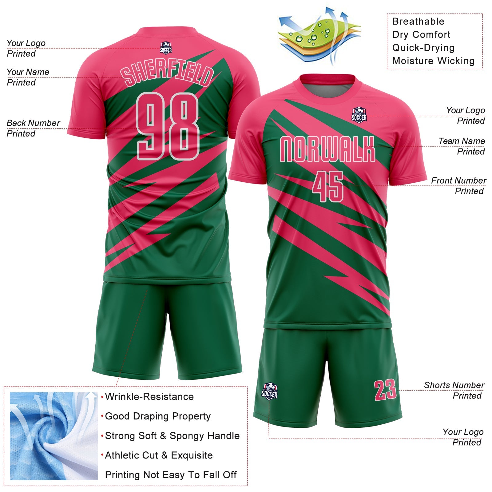 Custom Neon Pink Kelly Green-White Abstract Line Sports Sublimation Soccer Uniform Jersey