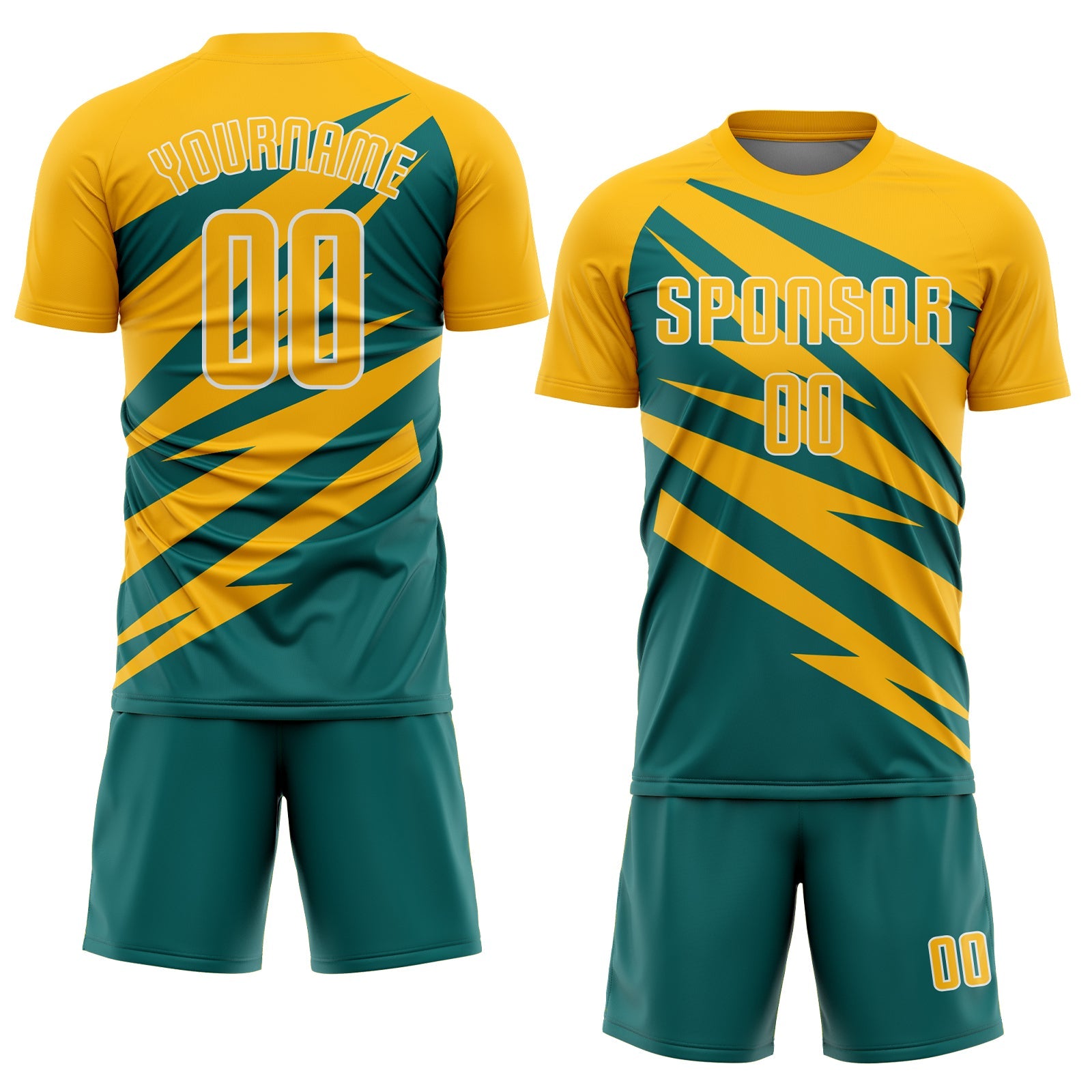 Custom Gold Teal-White Abstract Line Sports Sublimation Soccer Uniform Jersey