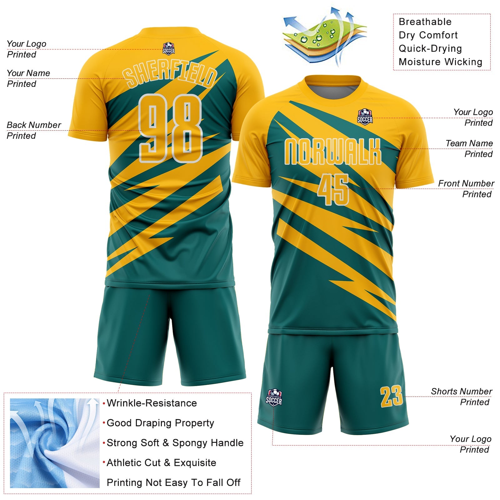 Custom Gold Teal-White Abstract Line Sports Sublimation Soccer Uniform Jersey