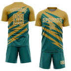 Custom Old Gold Teal-White Abstract Line Sports Sublimation Soccer Uniform Jersey