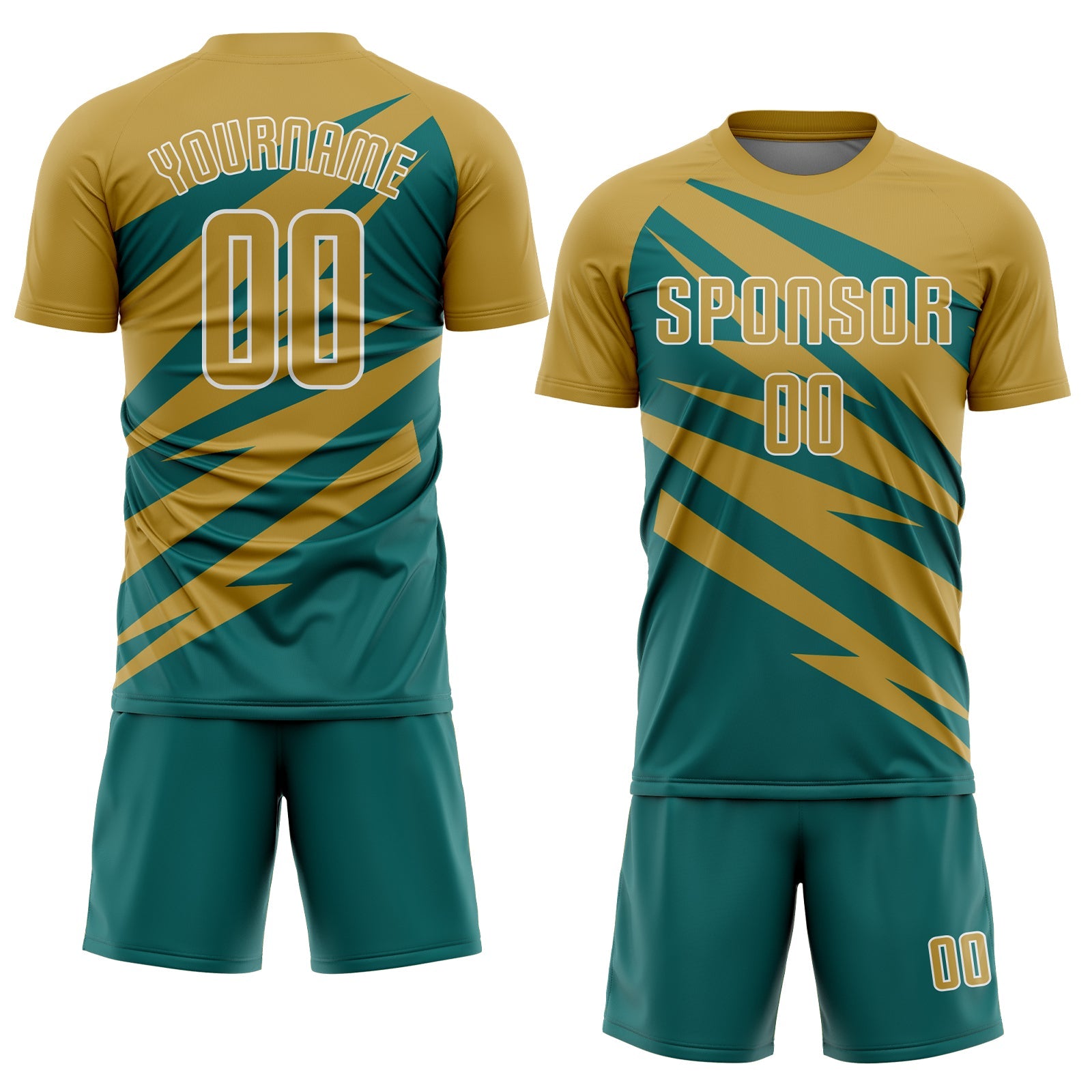 Custom Old Gold Teal-White Abstract Line Sports Sublimation Soccer Uniform Jersey