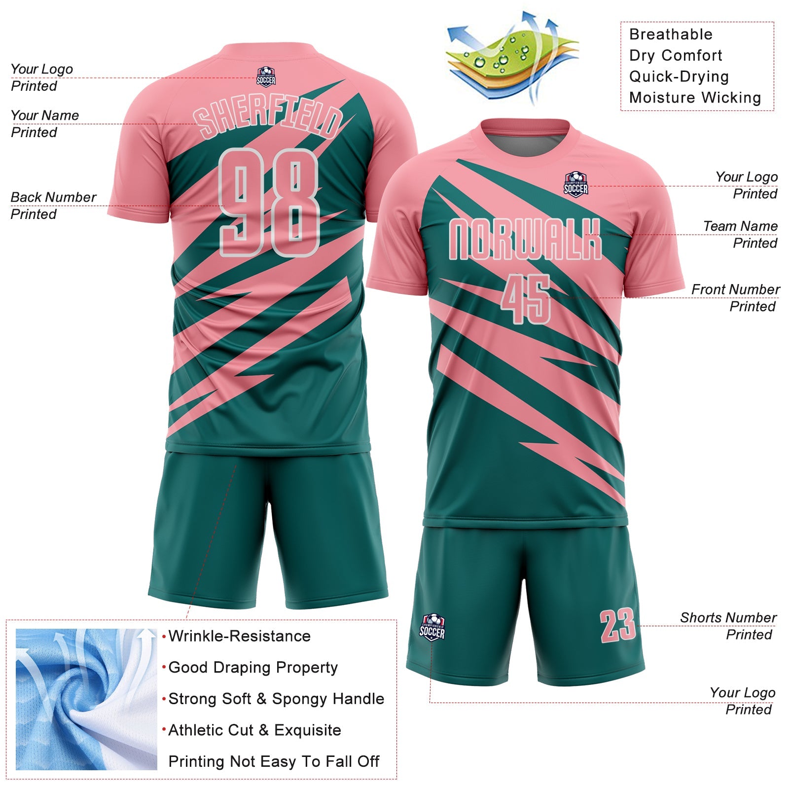 Custom Medium Pink Teal-White Abstract Line Sports Sublimation Soccer Uniform Jersey