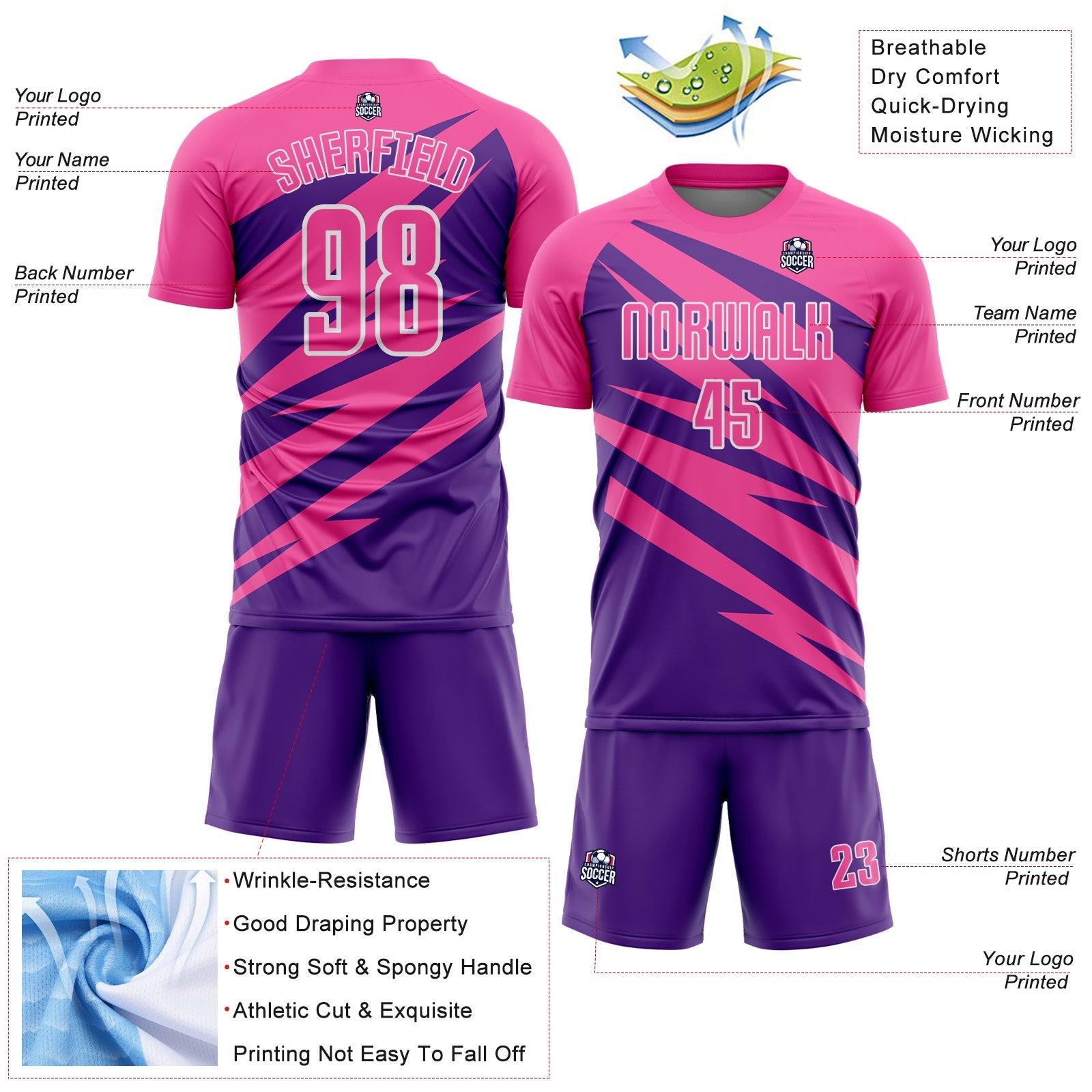 Custom Pink Purple-White Abstract Line Sports Sublimation Soccer Uniform Jersey
