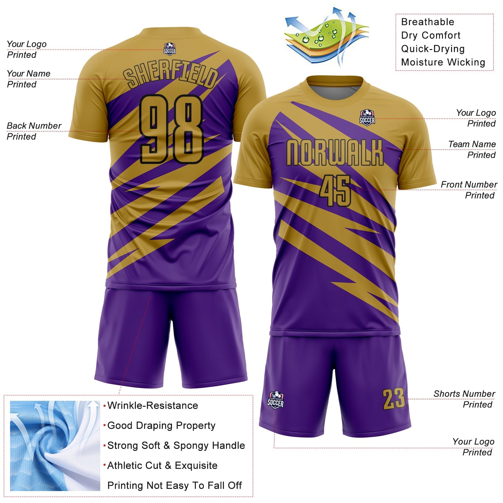 Custom Old Gold Purple-Black Abstract Line Sports Sublimation Soccer Uniform Jersey