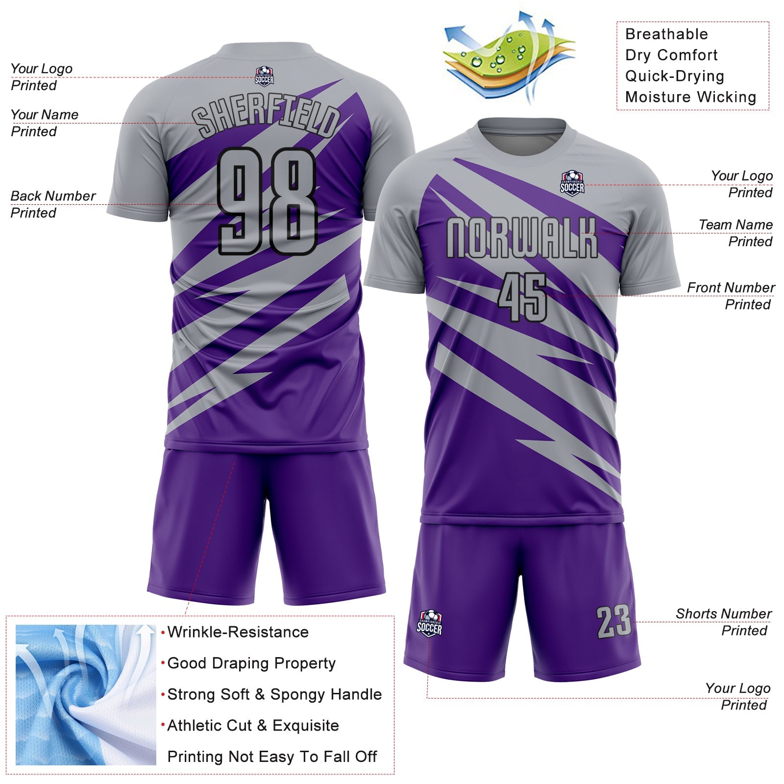 Custom Gray Purple-Black Abstract Line Sports Sublimation Soccer Uniform Jersey